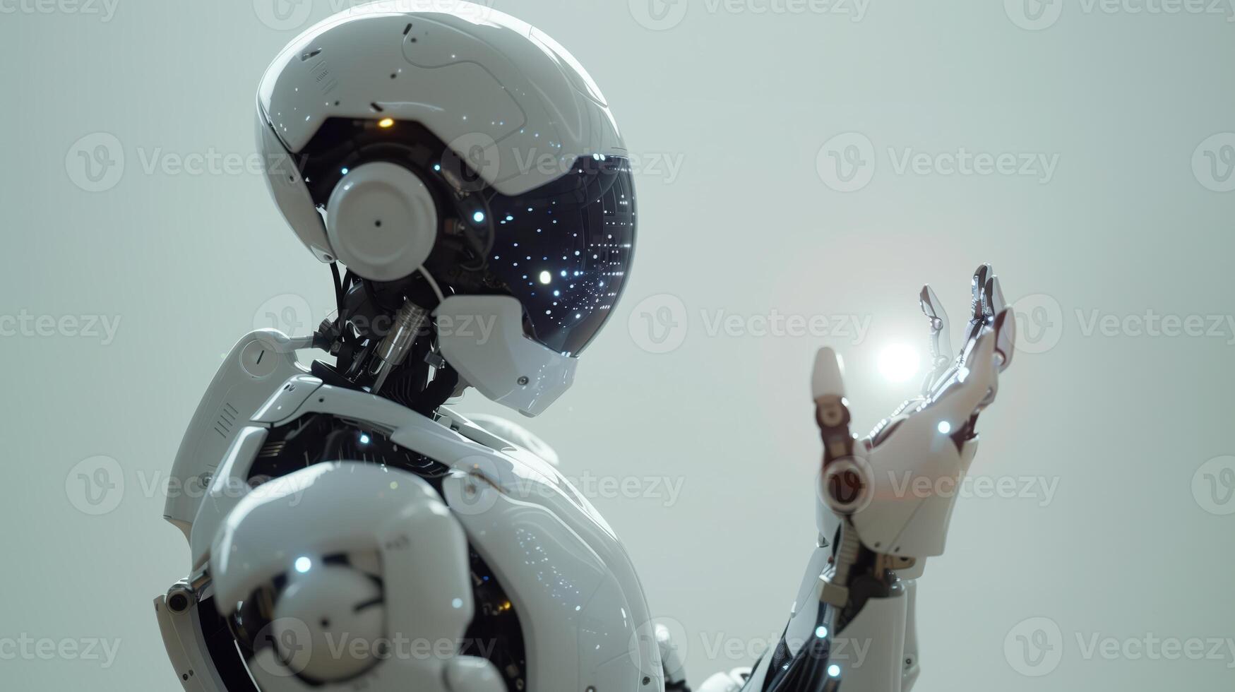 Futuristic Robot Interacting with Holographic Interface in a High-Tech Environment photo