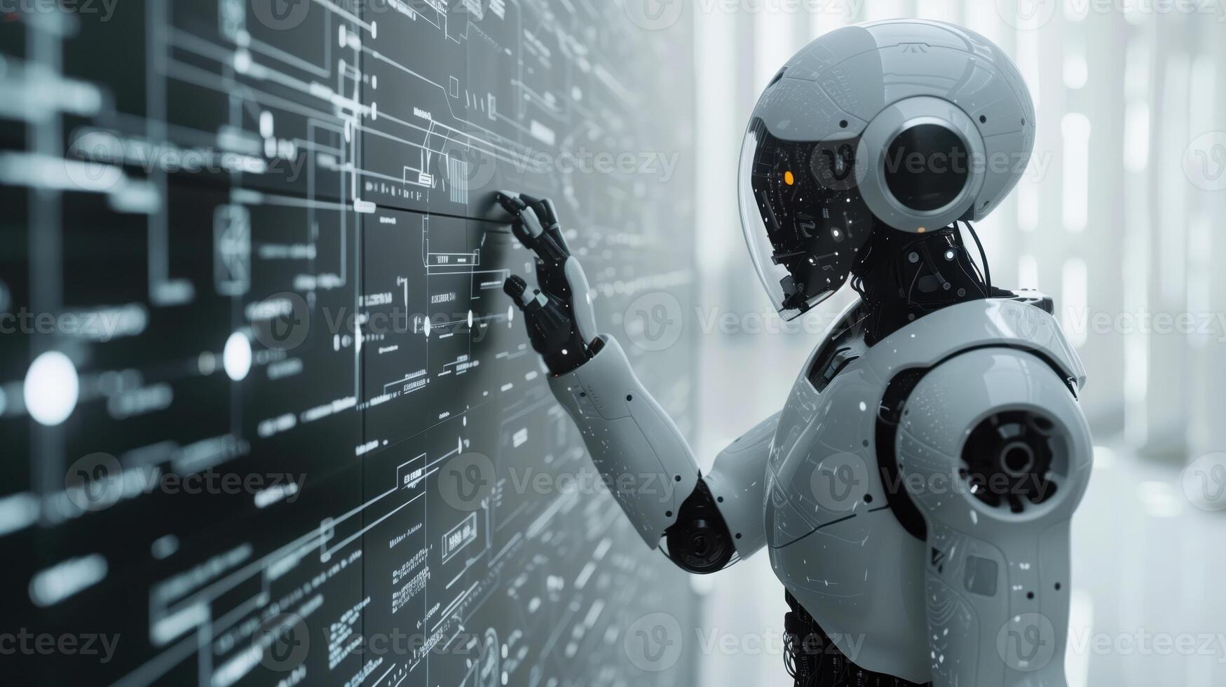 Futuristic Robot Interacting with Holographic Interface in High-Tech Setting photo