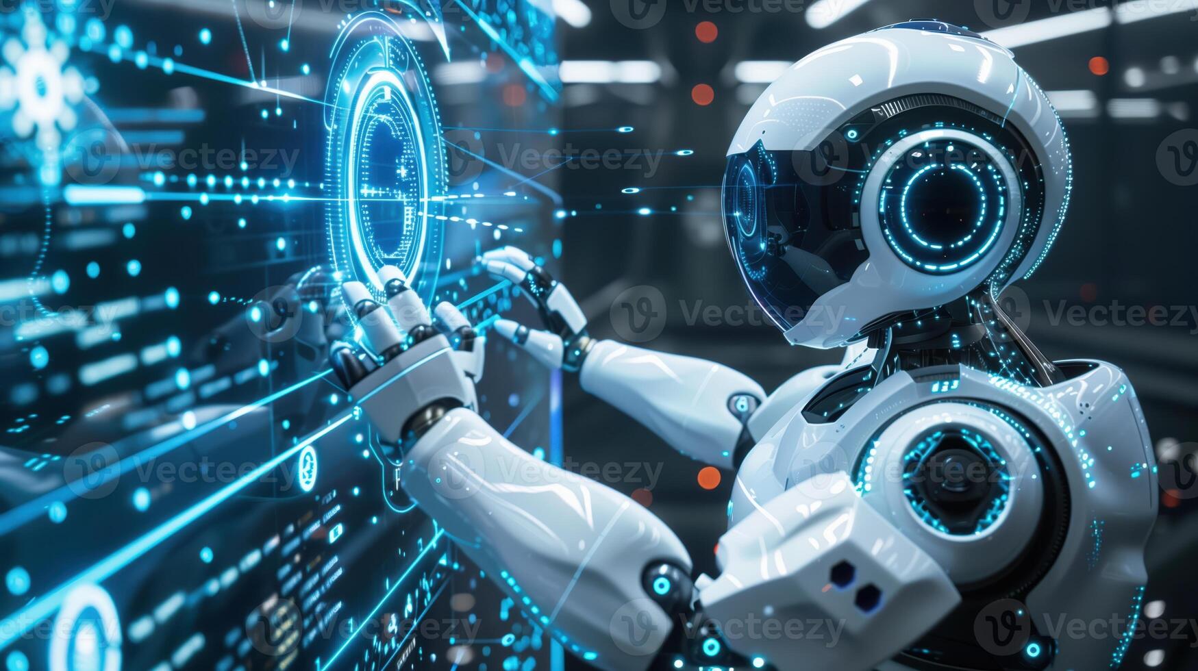 Futuristic Robot Interacting with a Holographic Interface in a High-Tech Environment photo