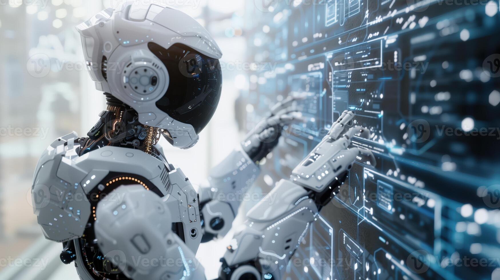 Futuristic Robot Interacting With a Holographic Interface in a Modern Tech Environment photo