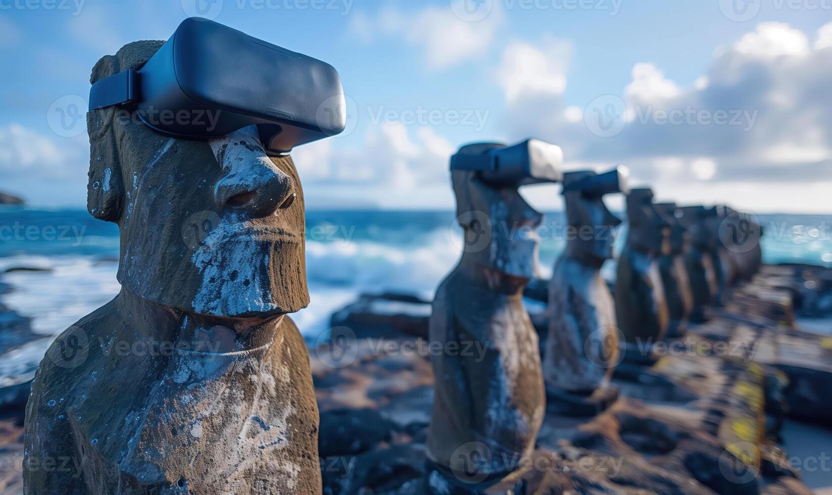 Row Of Ancient Moai Statues Wearing VR Headsets Against Oceanic Backdrop photo