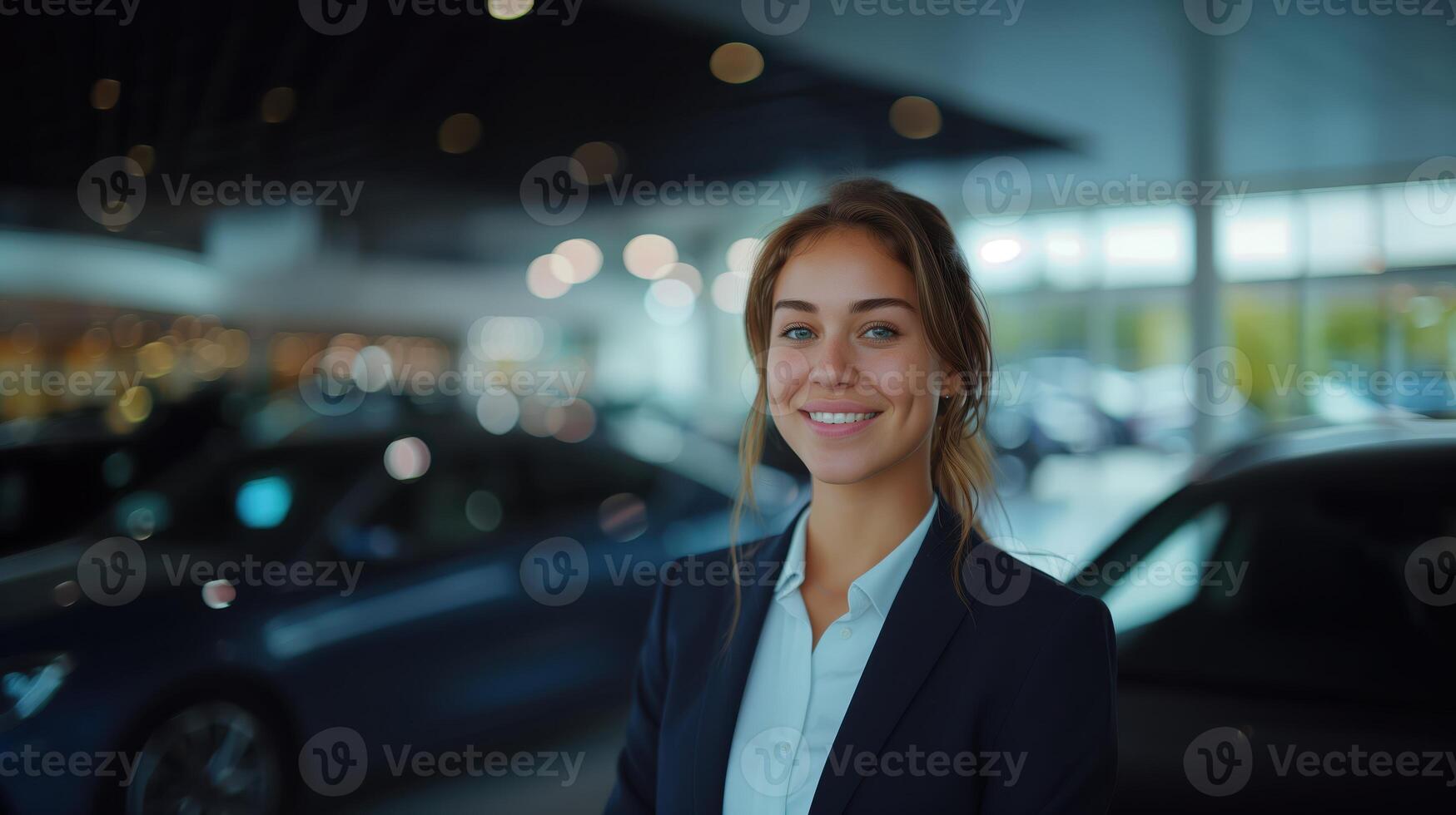 Smiling Woman in Her 20s in a Suit at a Car Dealership photo