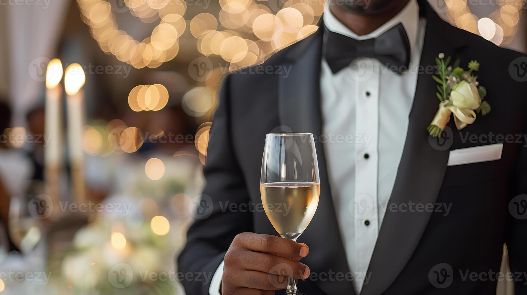 Elegant Black Man in Tuxedo Holding Champagne at Formal Event with Bokeh Lights photo