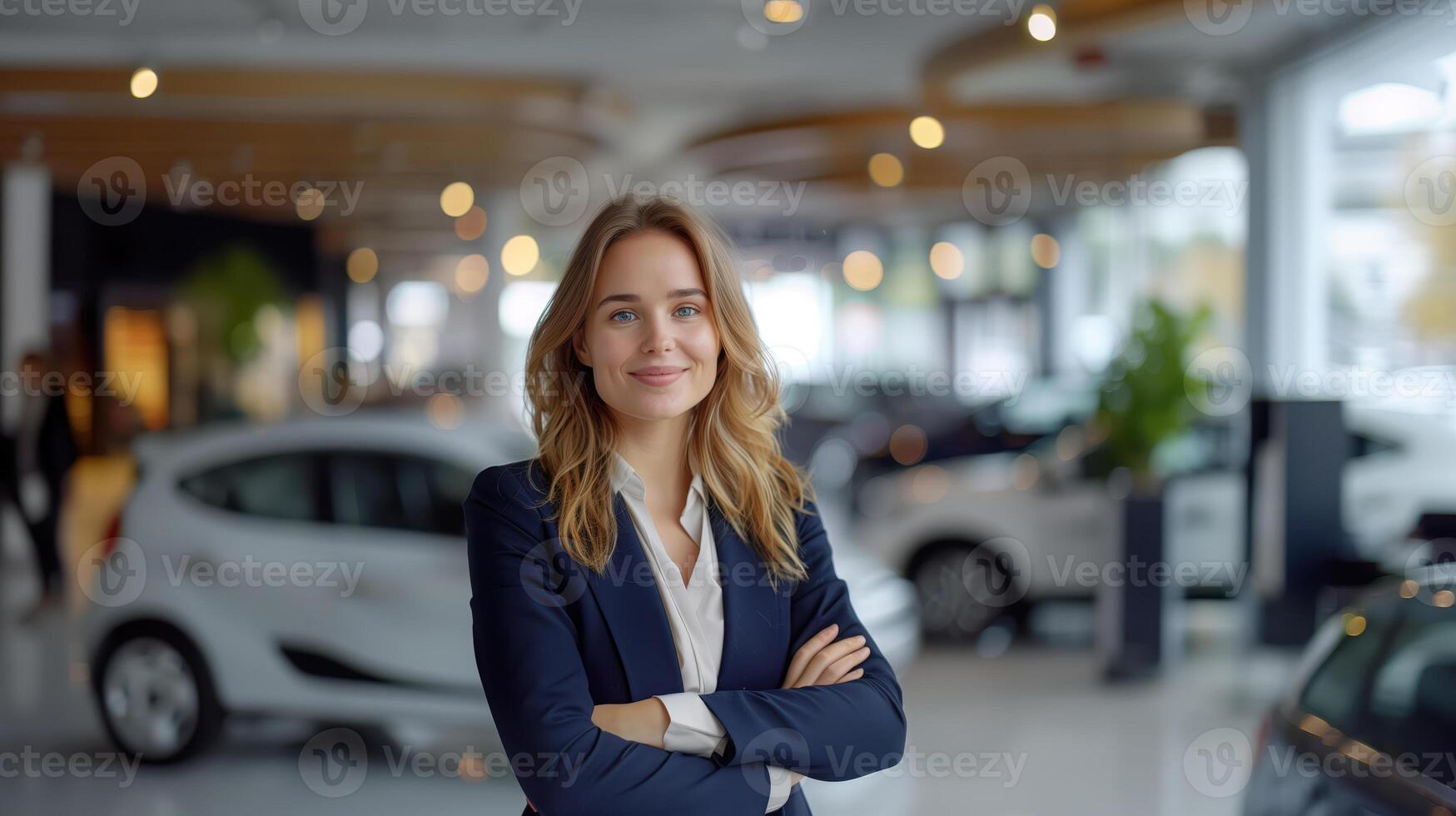Confident Smiling Woman in Business Suit Inside Modern Car Dealership photo