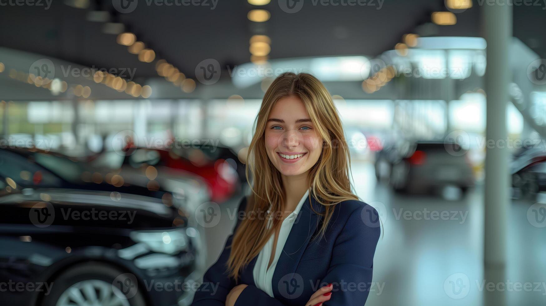 Confident Young Businesswoman Smiling in Car Dealership Showroom photo