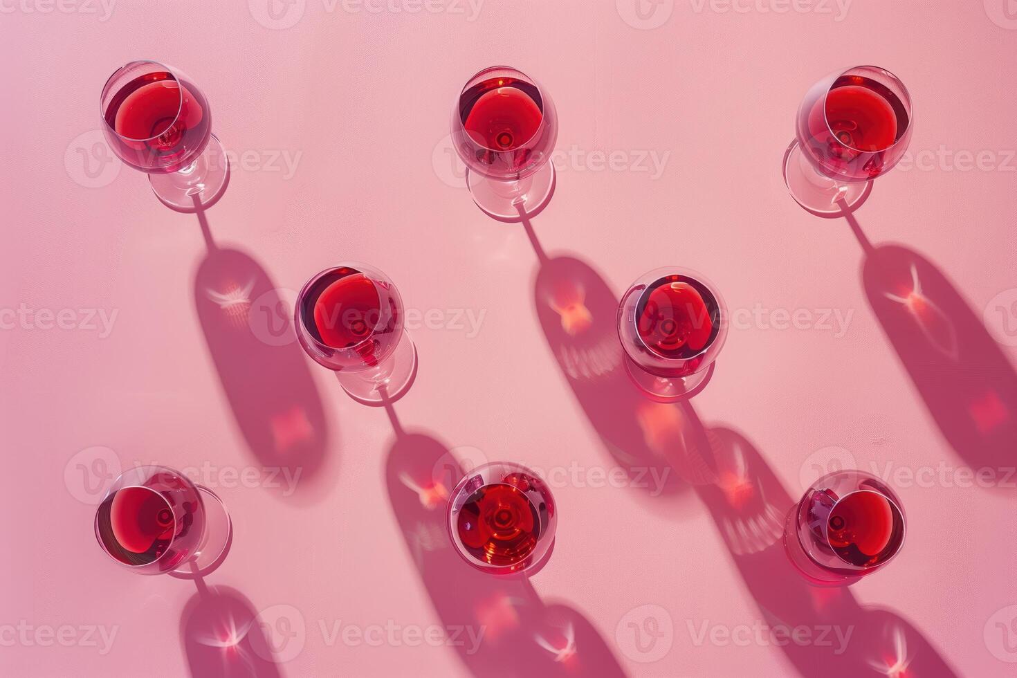 Elegant Red Wine Glasses Arranged Over a Pink Background Casting Shadows photo