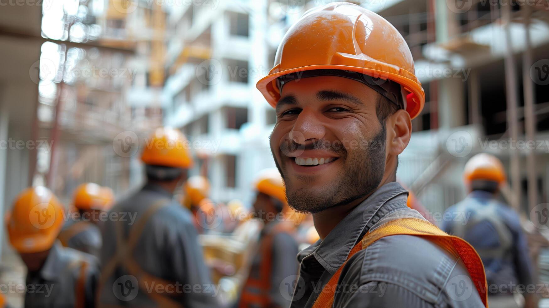 Group of Happy Construction Workers Smiling on Site photo