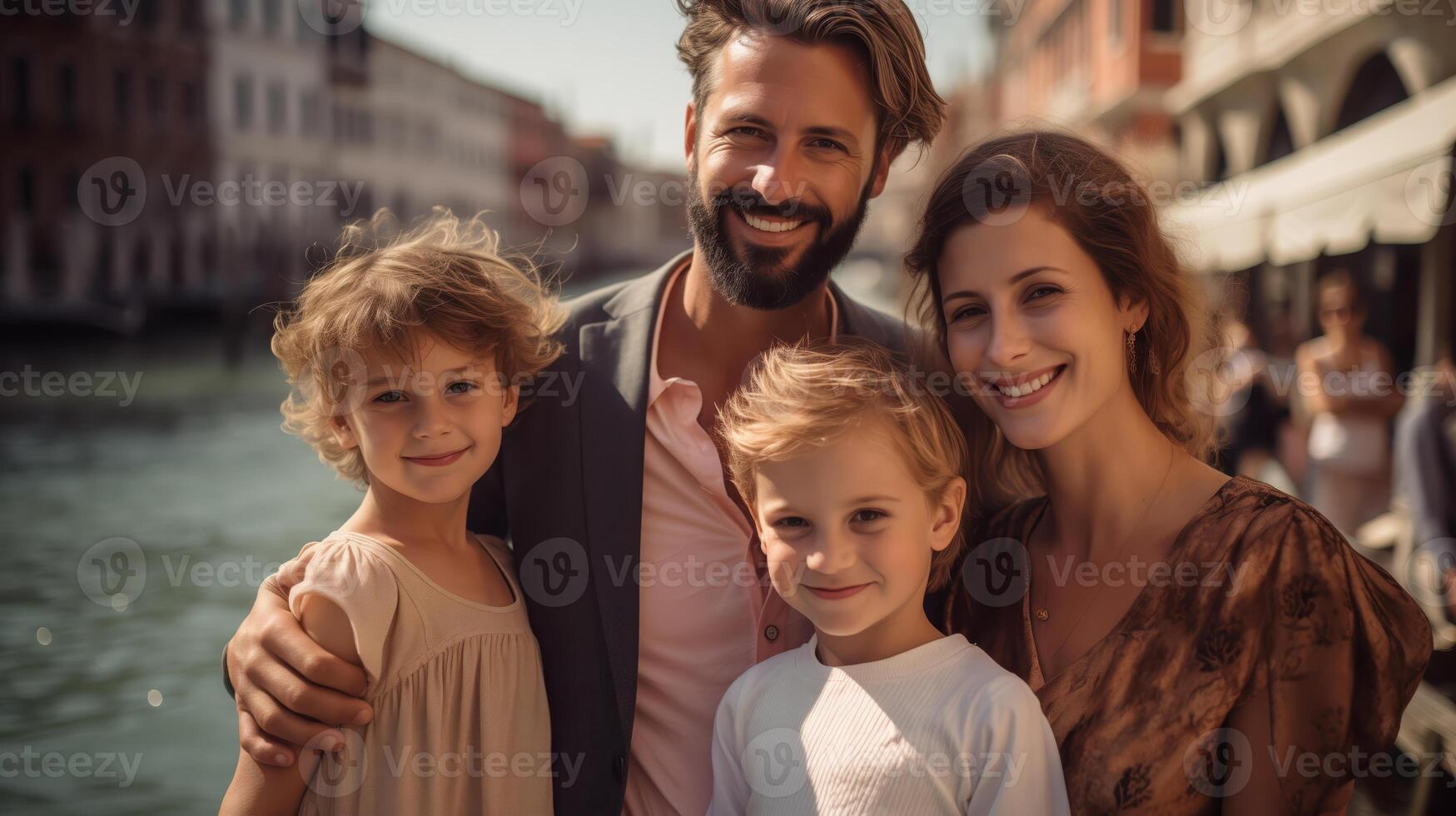 Warm Sunlit Photograph of a Happy Family of Four Smiling Outdoors photo