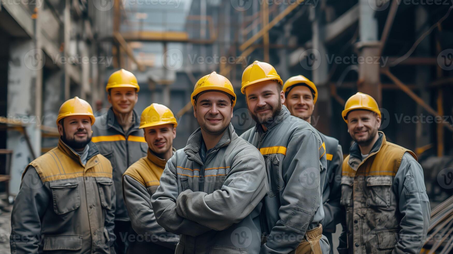 Confident Team Of Construction Workers Smiling On Job Site In Hard Hats photo
