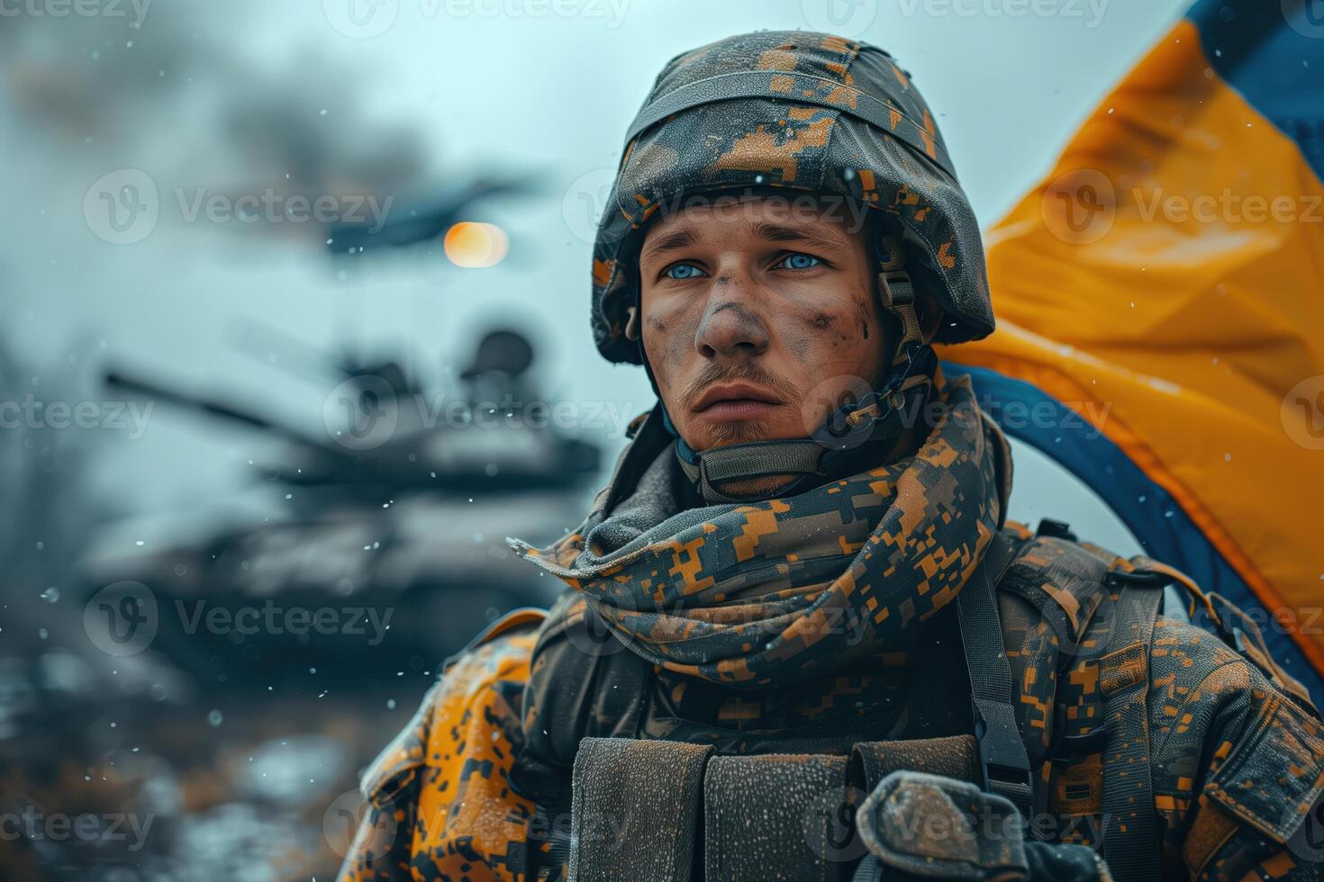 Portrait of a Soldier in Combat Gear with Flag and Tank in Background photo