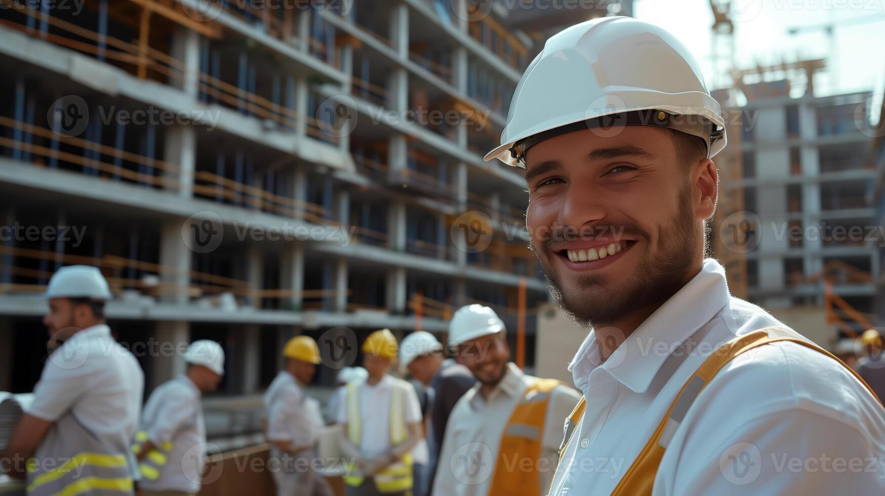Smiling Construction Engineers on Building Site Collaborating on a Project photo