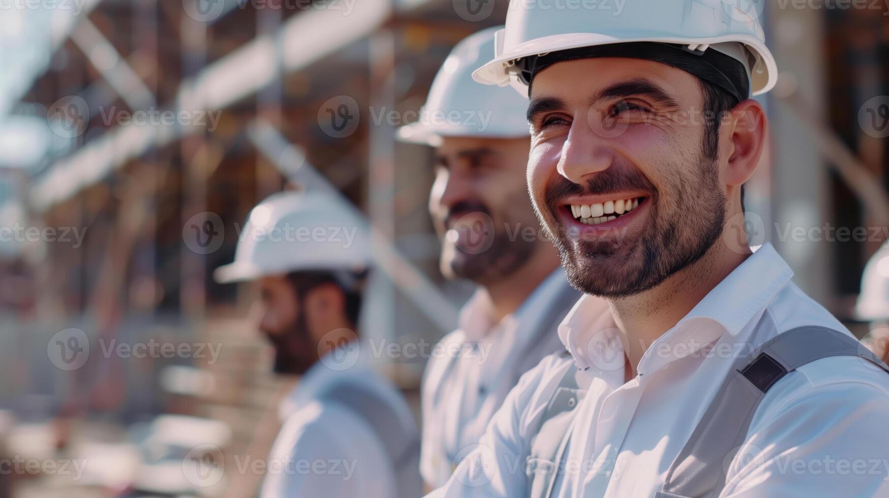 Group of Smiling Construction Engineers in Hard Hats at Building Site photo