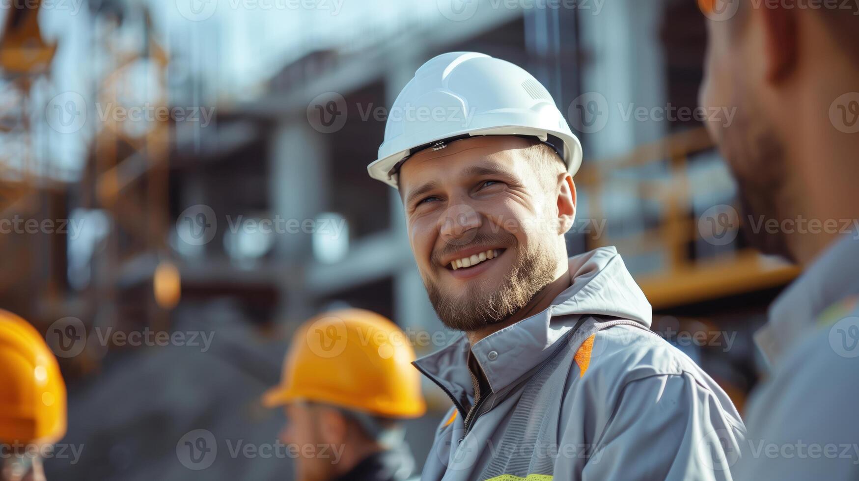 Happy Construction Engineers Smiling and Interacting at a Building Site photo