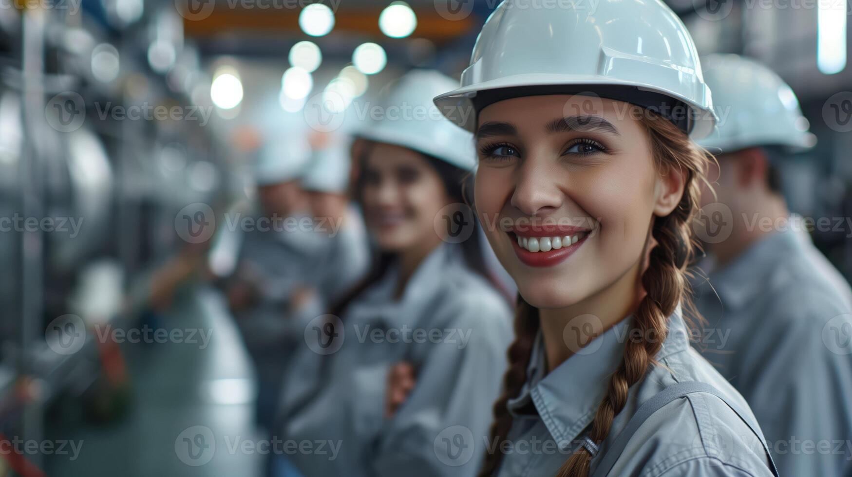 Smiling Team of Factory Workers Wearing Hard Hats in Industrial Setting photo