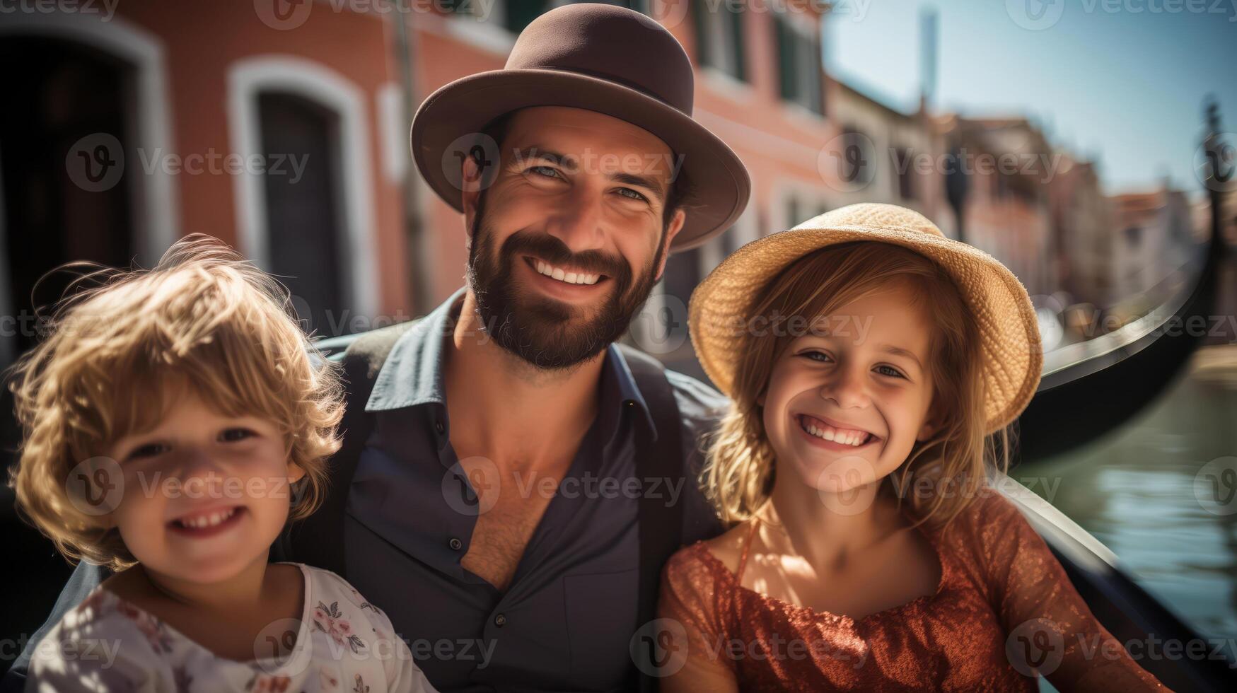 Warm Sunlit Photograph of a Happy Family of Three Enjoying a Gondola Ride in Venice photo