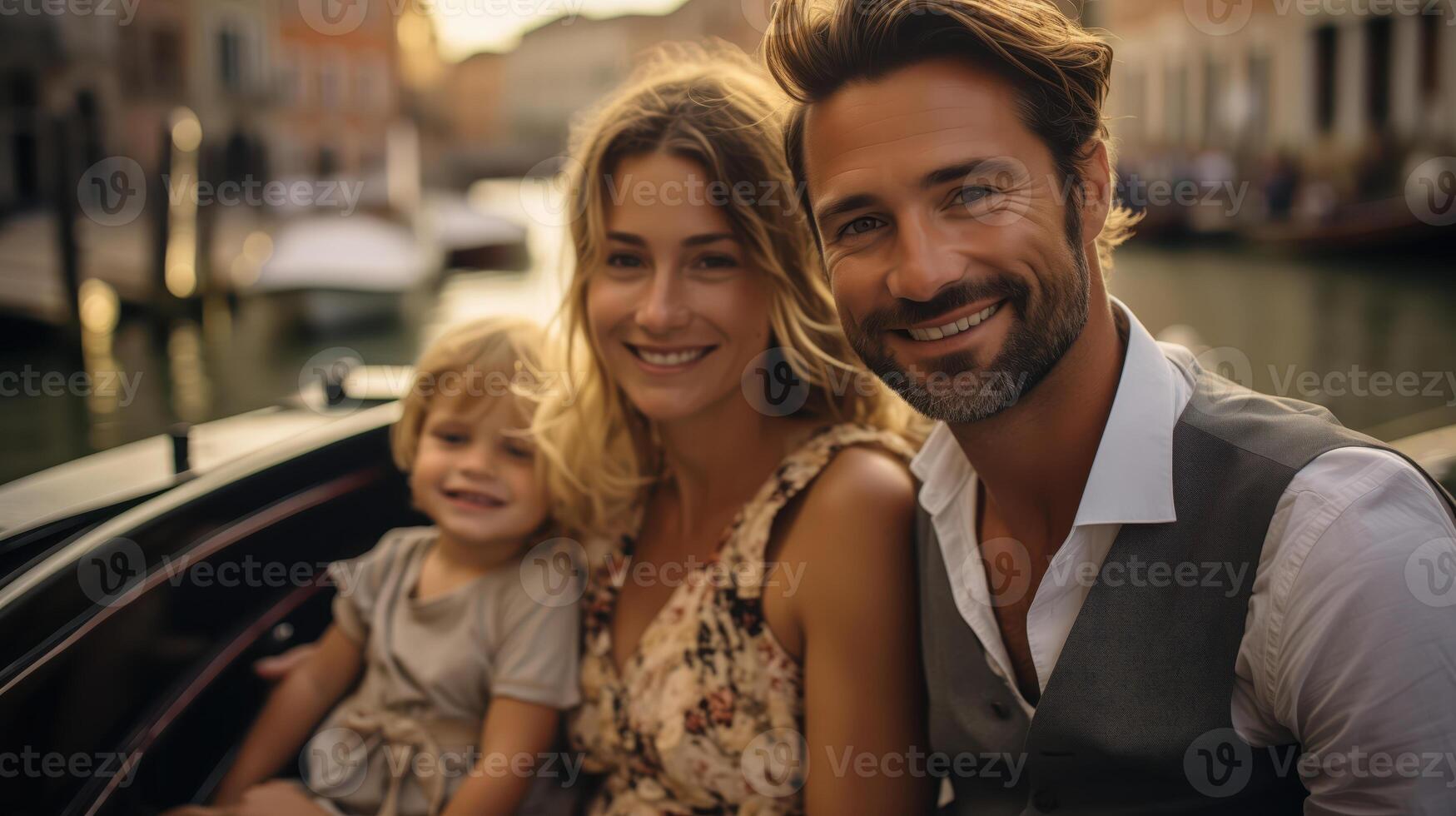 Smiling Family of Three Enjoying a Gondola Ride During Golden Hour photo