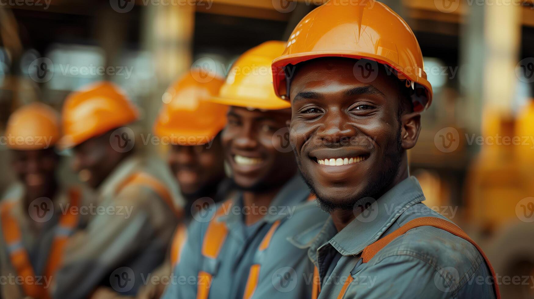 Smiling Construction Workers in Hard Hats on Site Showing Team Spirit and Positivity photo