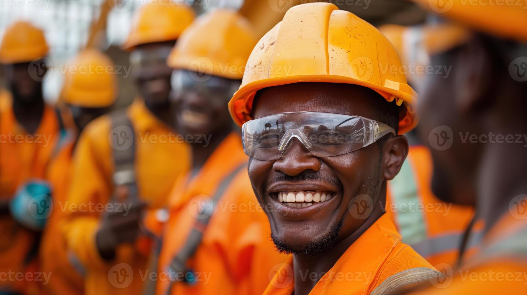 Smiling Team of Construction Workers in Safety Gear on a Building Site photo