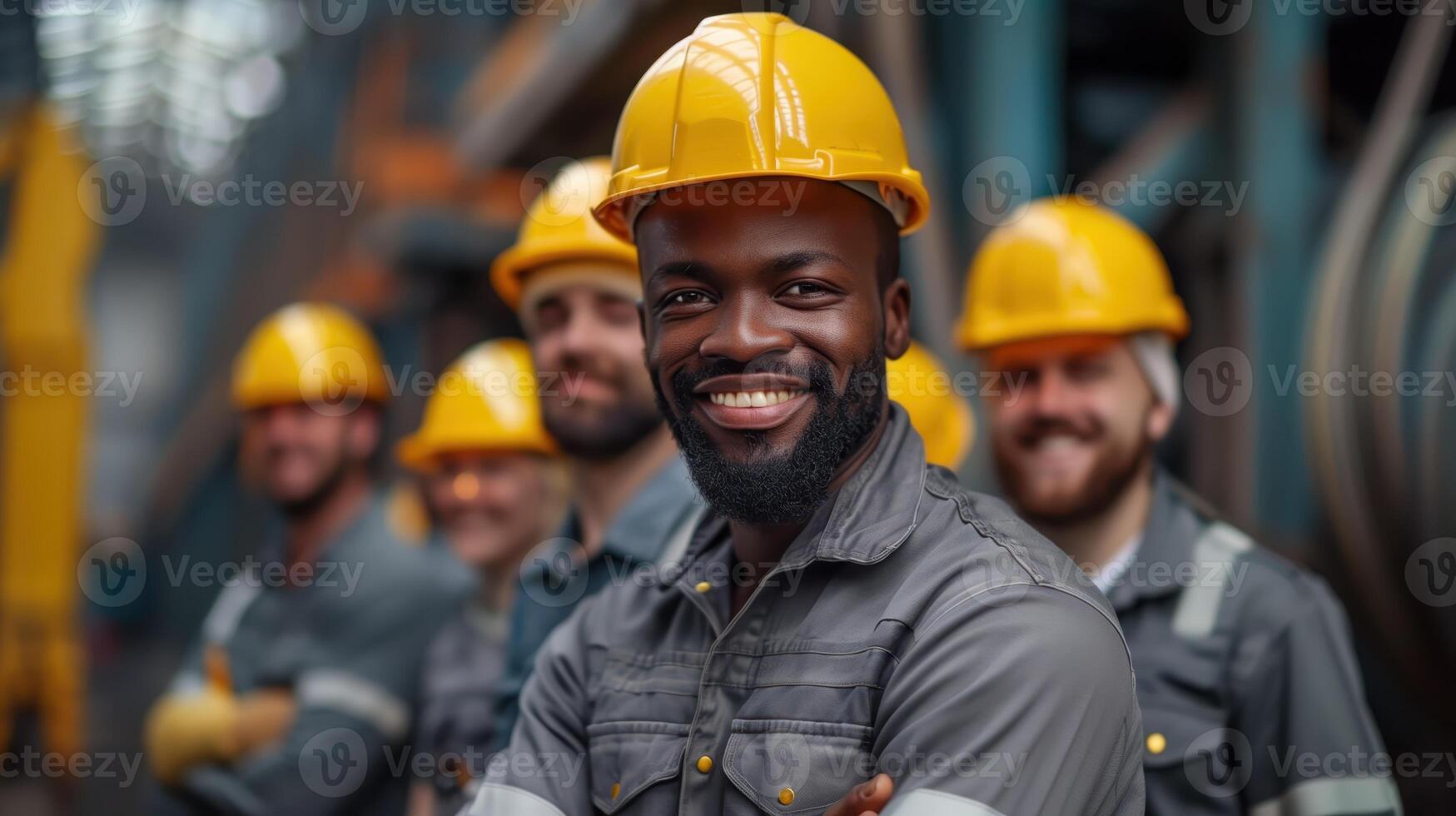Team of Smiling Construction Workers in Protective Helmets Posing Confidently photo