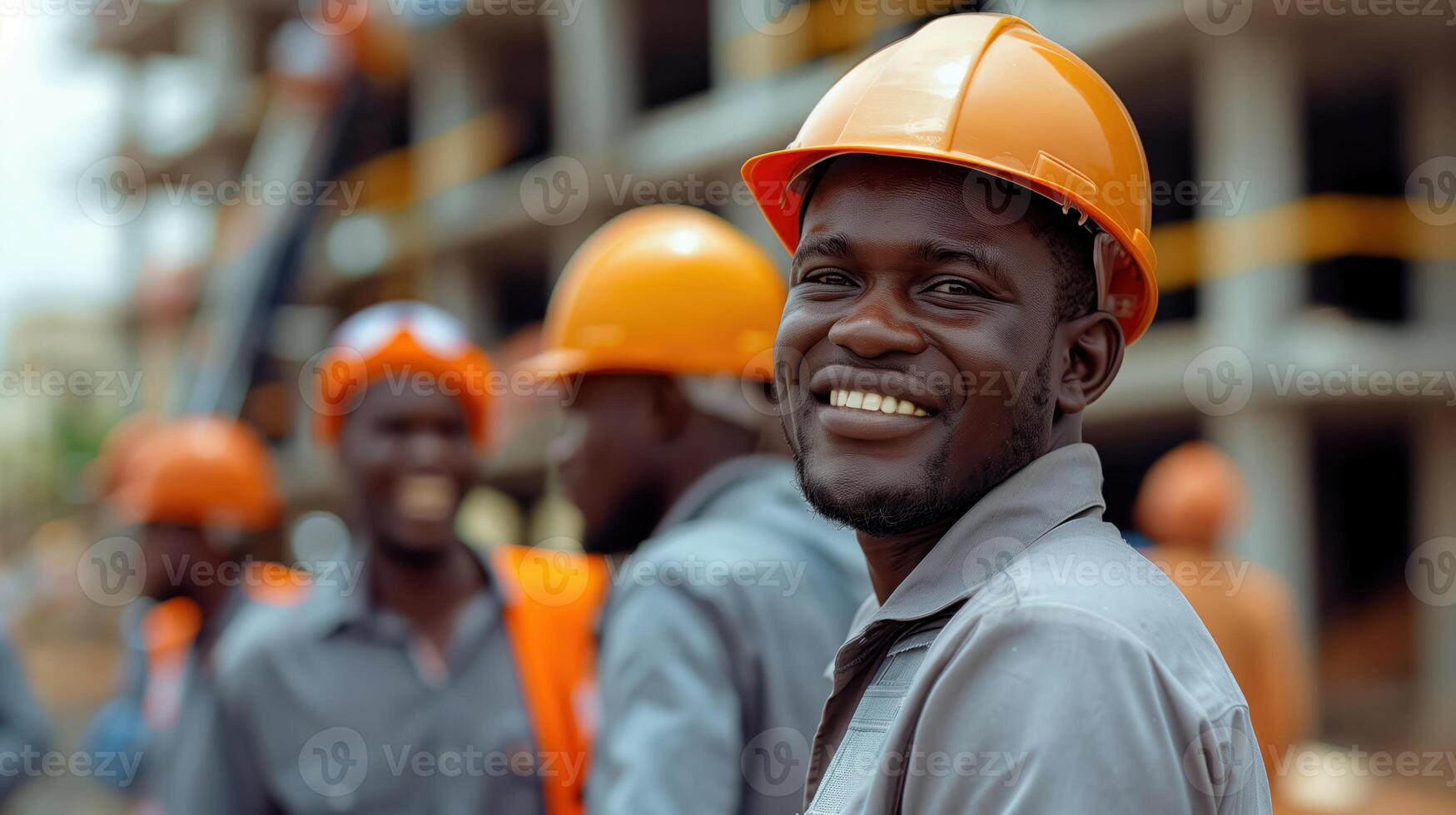 Smiling Team of Construction Workers Wearing Orange Helmets at Construction Site photo