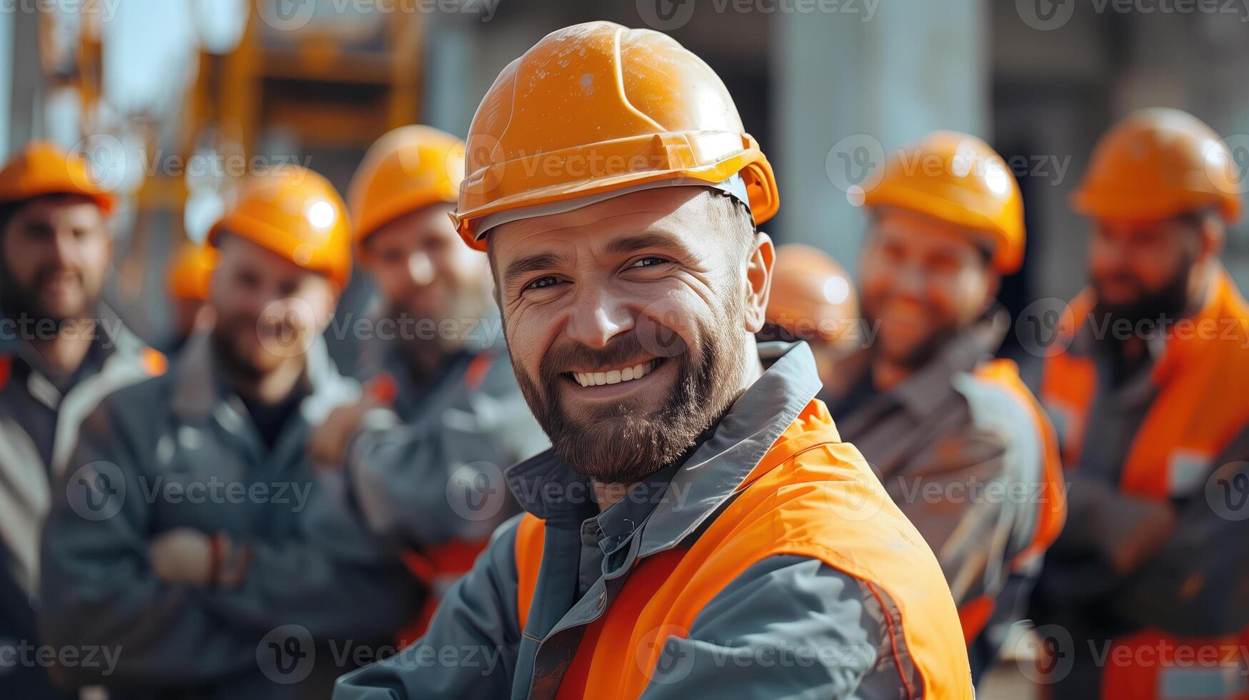 Team of Construction Workers Smiling and Working Together on Site photo