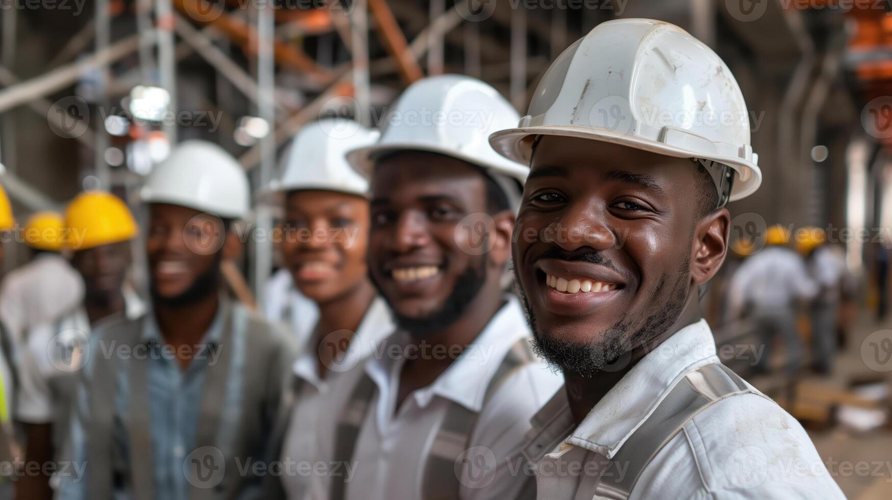 Smiling Team of Construction Engineers Wearing Hard Hats at Job Site photo