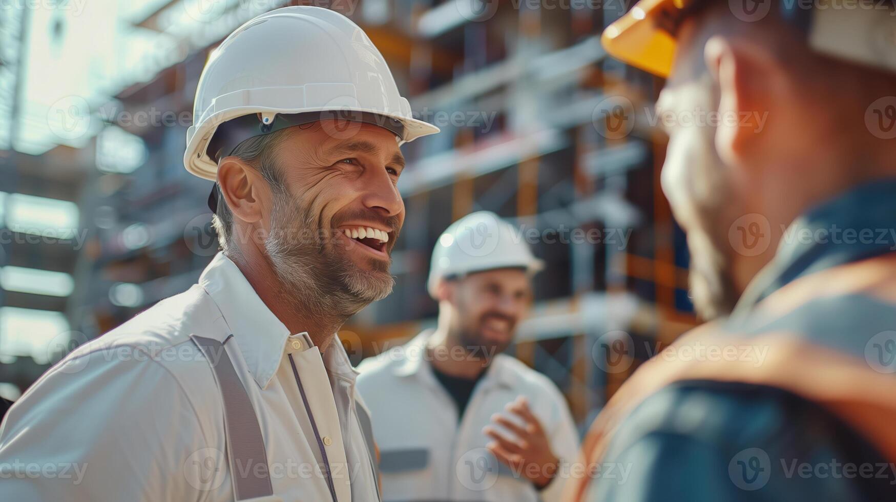 Smiling Construction Engineers on a Building Site Communicating and Collaborating photo