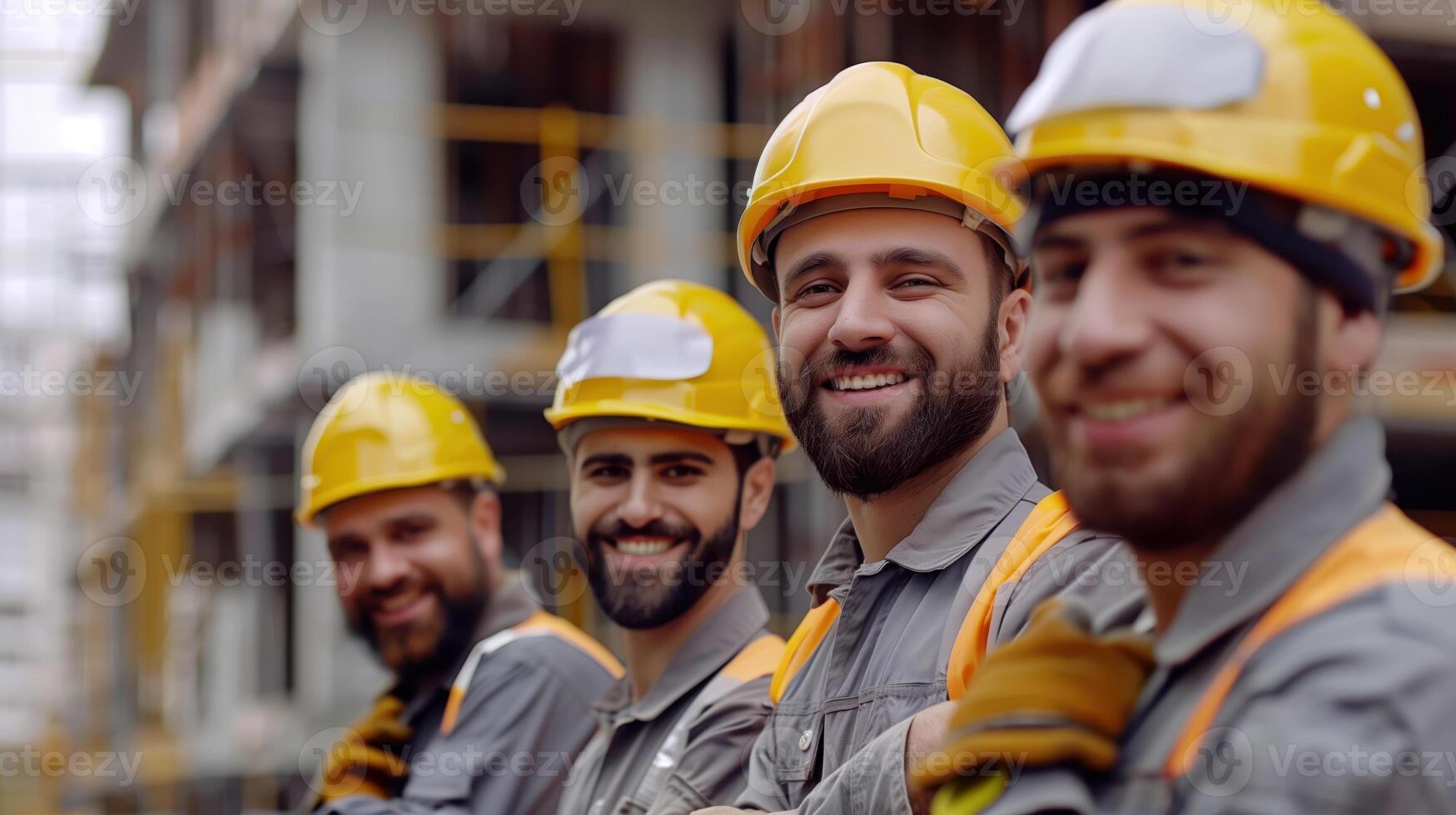 Team of Smiling Construction Workers in Safety Gear at Building Site photo