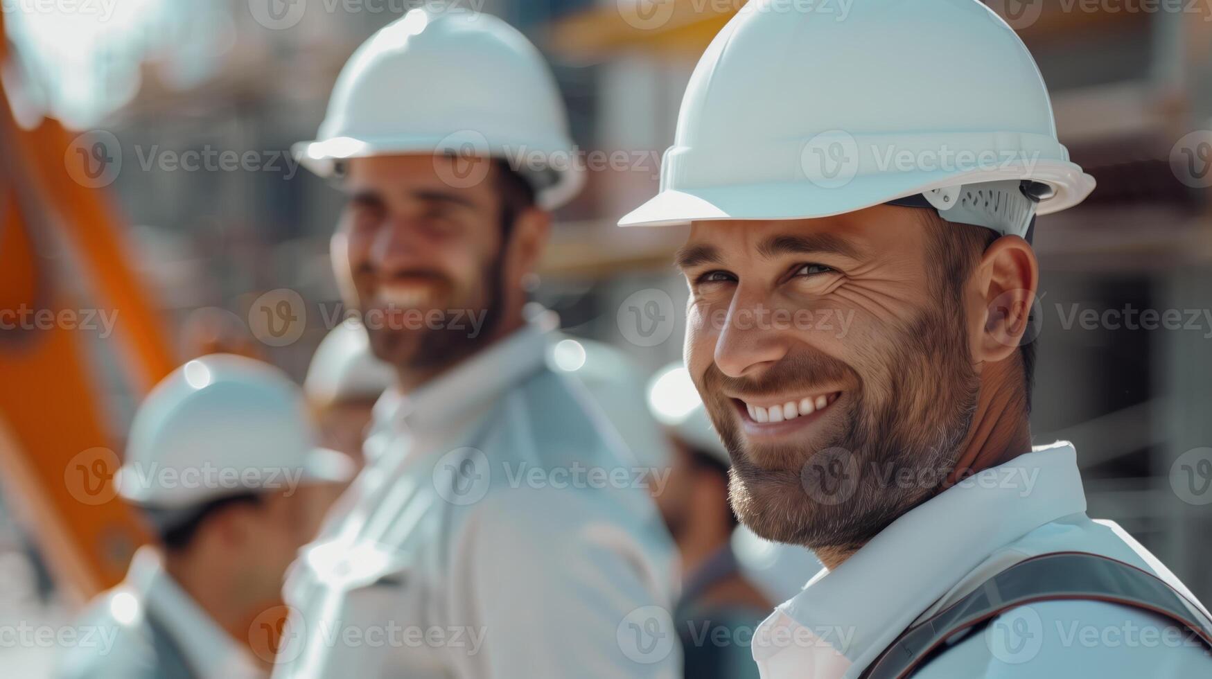 Smiling Construction Engineers Wearing Hard Hats on a Construction Site photo