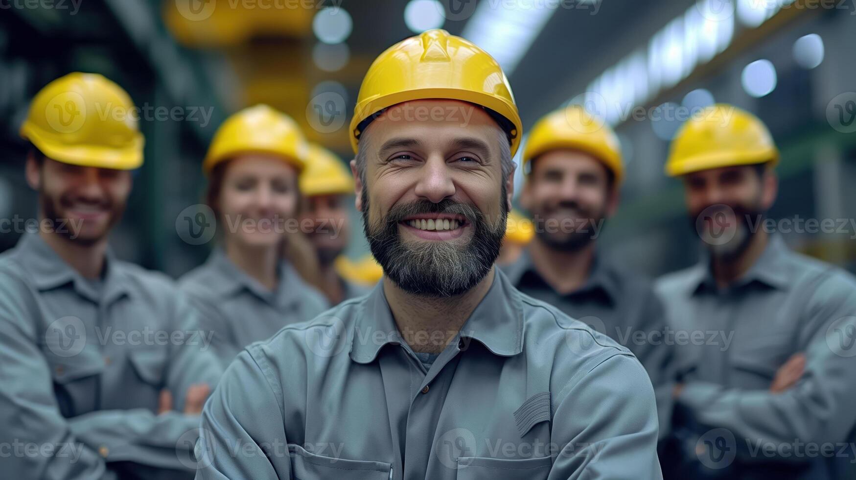 Team of Smiling Construction Workers Wearing Safety Helmets in Industrial Setting photo