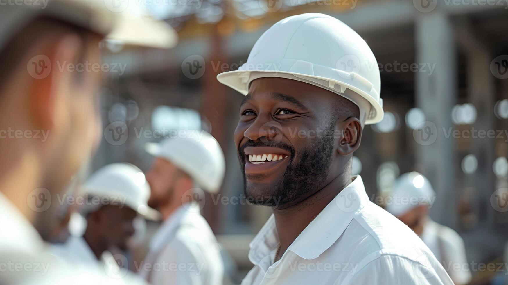 Smiling Construction Engineer at Worksite with Team of Men in Hard Hats photo