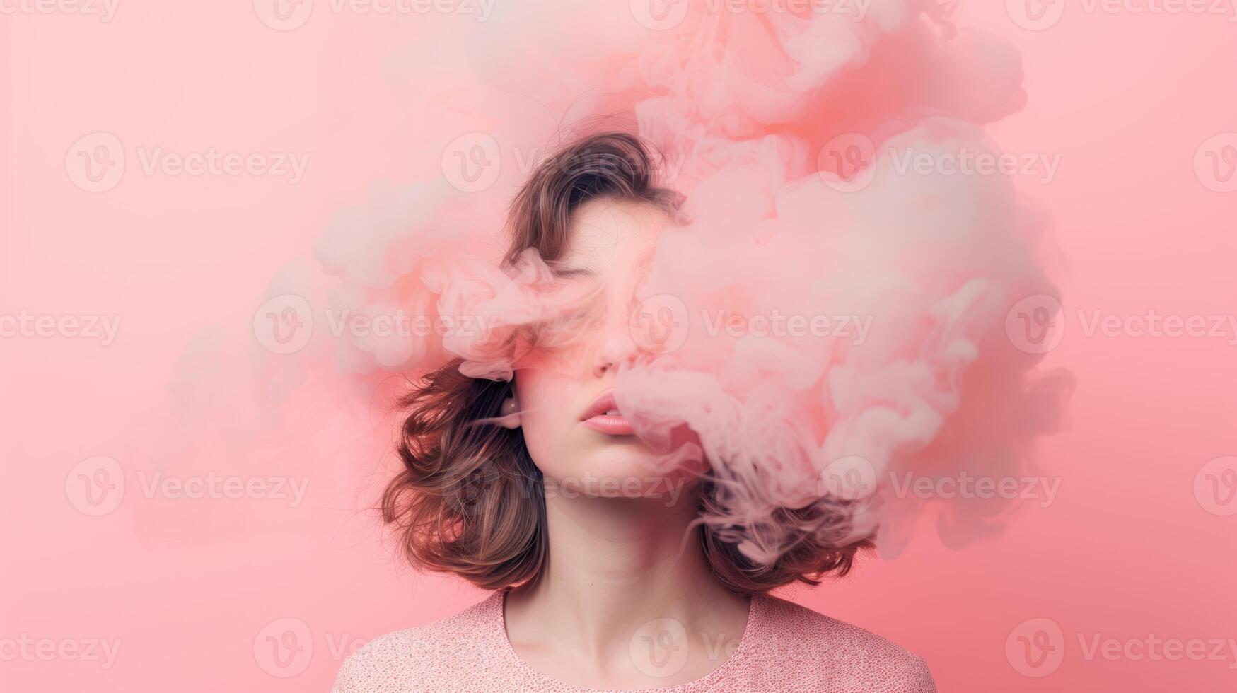 Surreal Portrait of a Woman in a Pink Cloud of Smoke, Creating a Dreamlike and Ethereal Effect photo