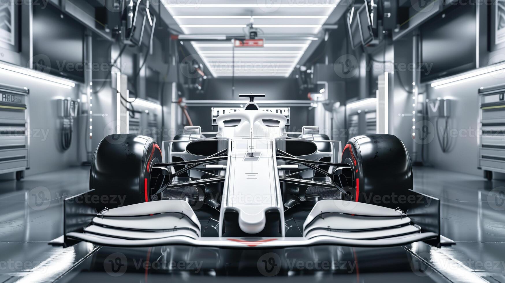 Front View of White Formula 1 Car in Garage, High Performance Racing Vehicle photo