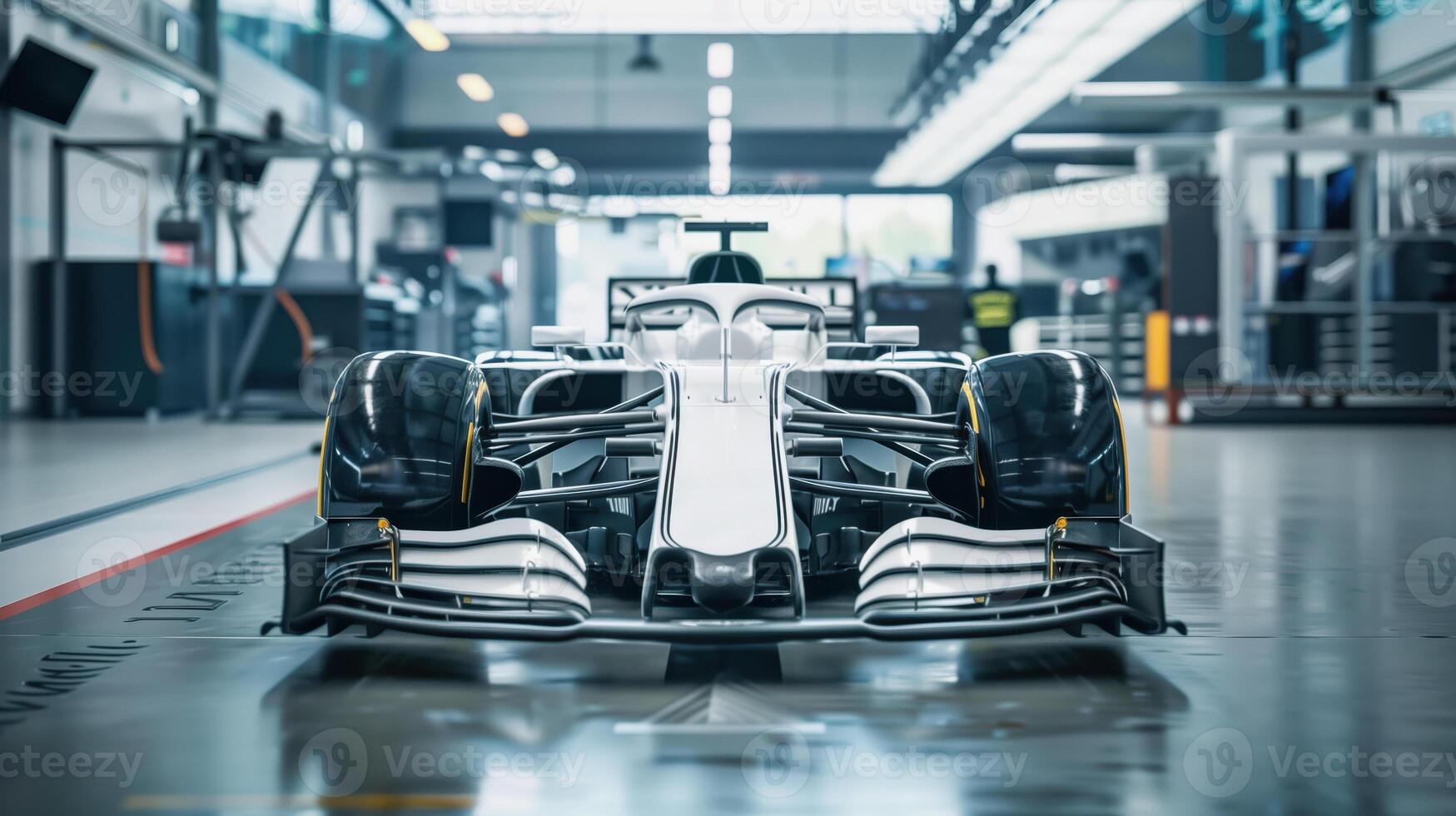Front View of White Formula 1 Racing Car in Garage photo