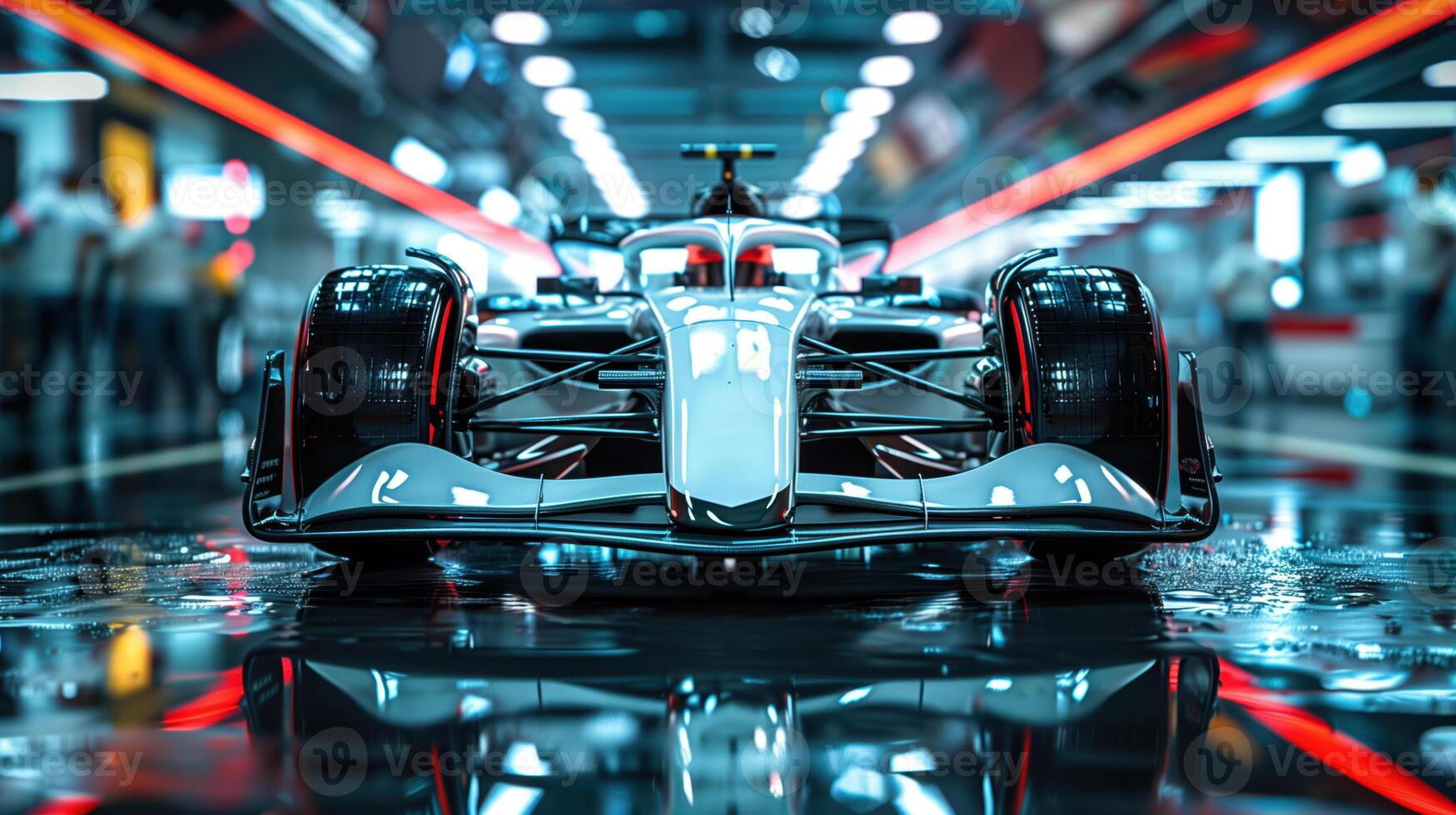 Front View of Sleek White Formula 1 Car in High-Tech Garage photo