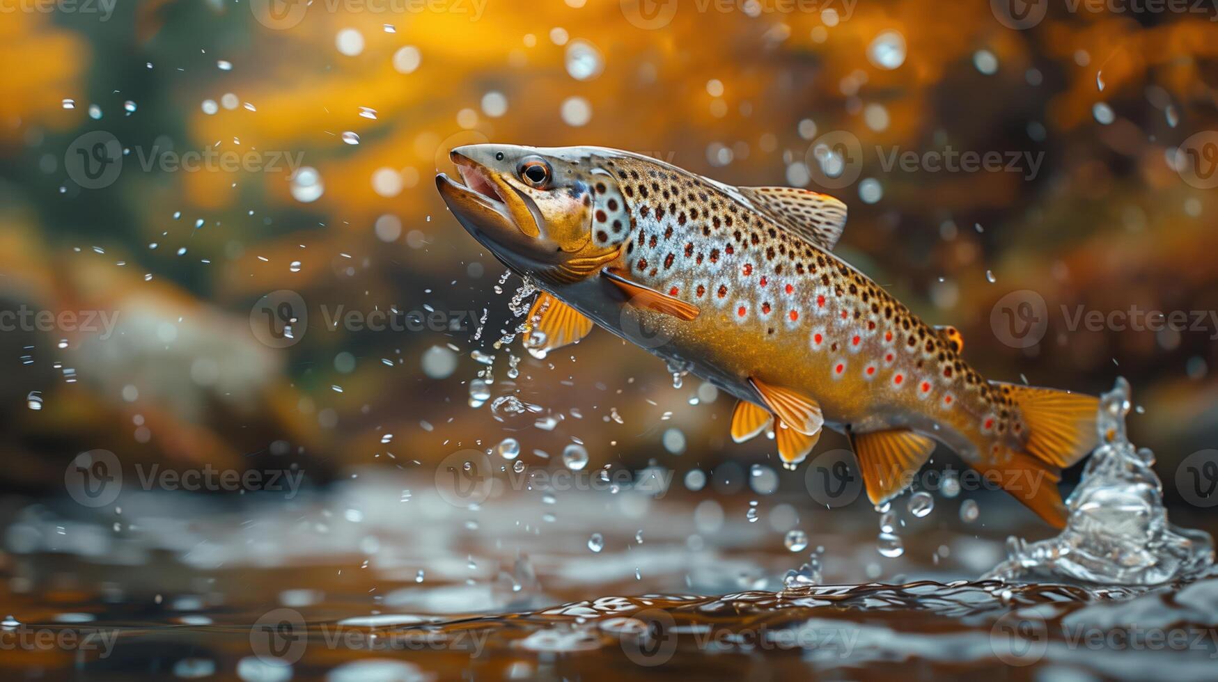 Wild Trout Jumping Out Of The Water With Splash In Forest Stream photo