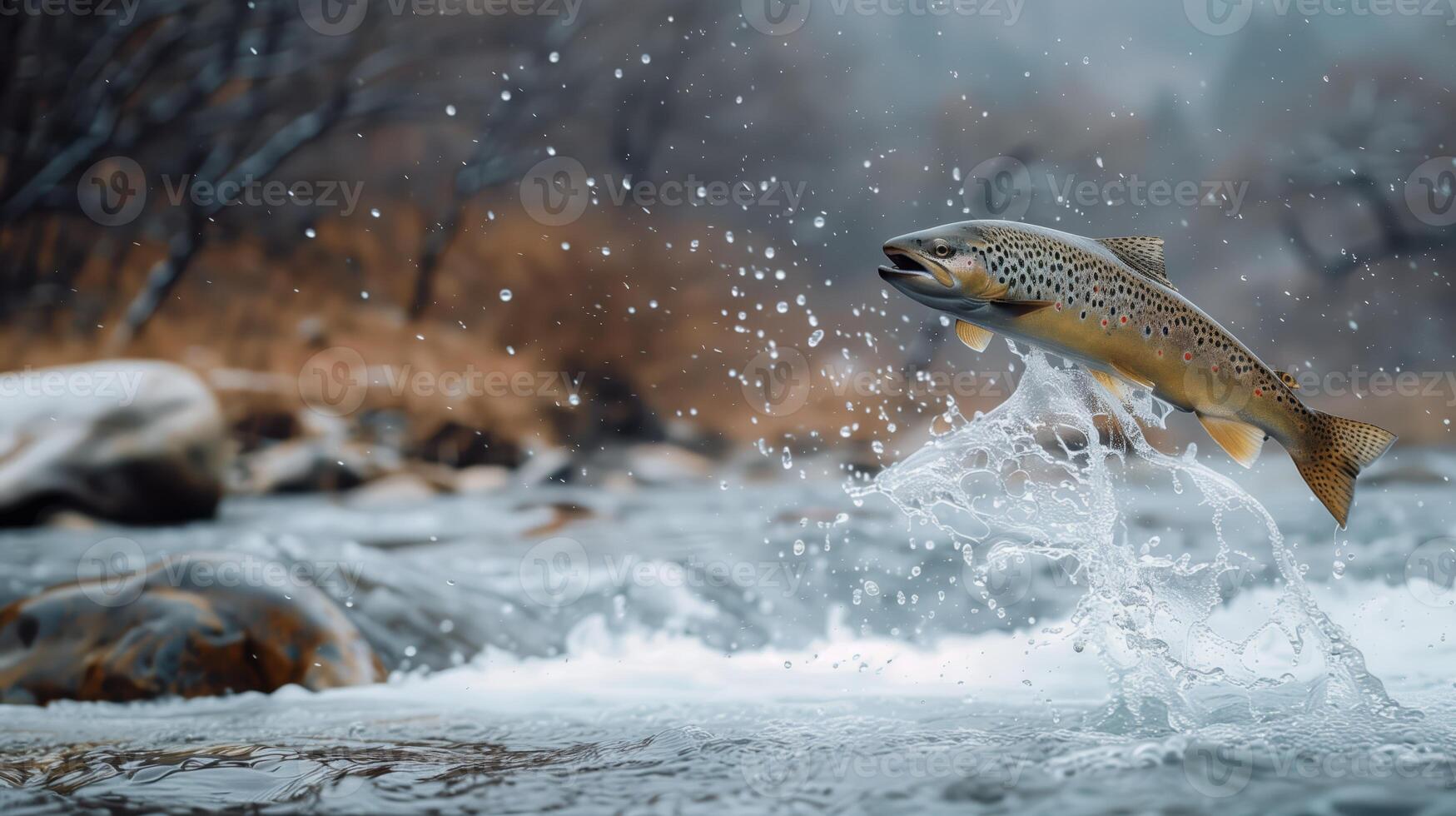 Wild Trout Jumping Out of the Water in Scenic River - Action Shot of Fish Splashing photo