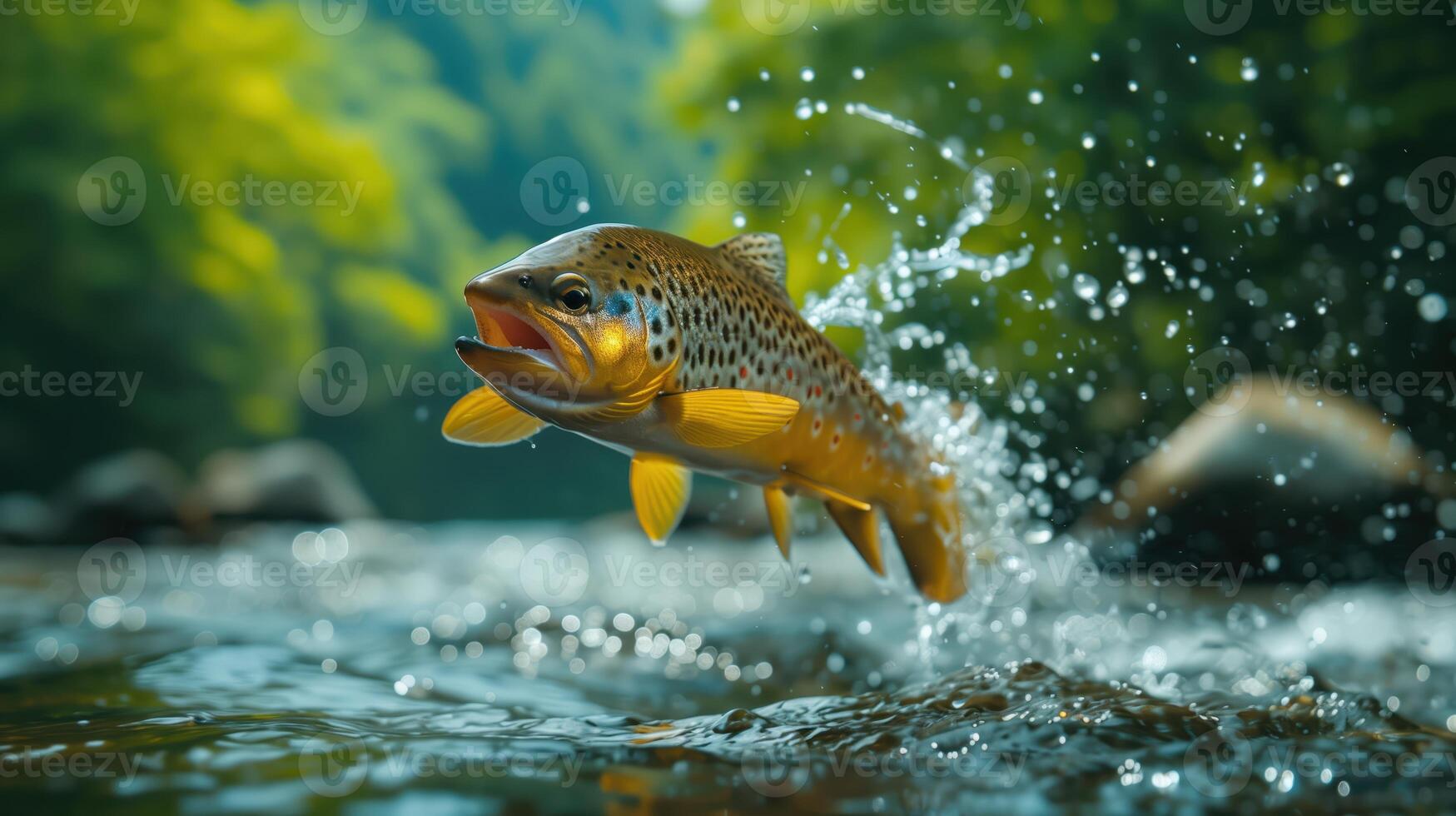 Wild Trout Jumping Out of Water in Nature for Outdoor Fishing Adventure photo