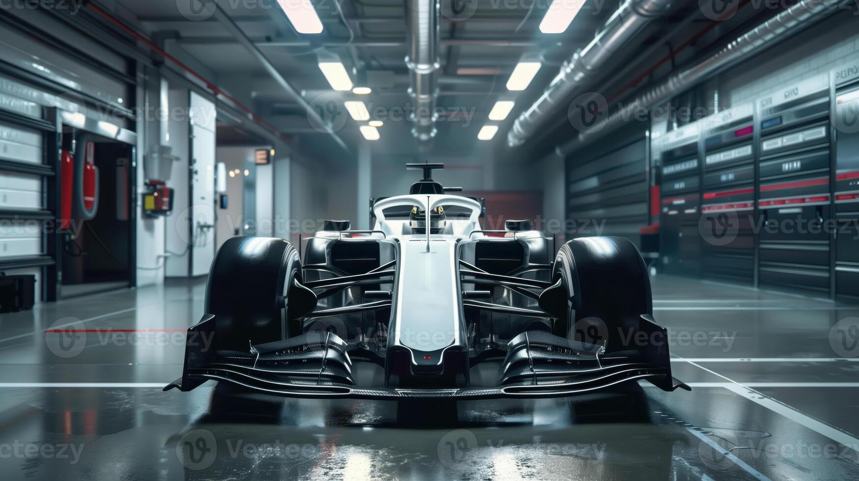 Front View Of A White Formula 1 Car In A Modern Garage, Ready For The Next Race photo