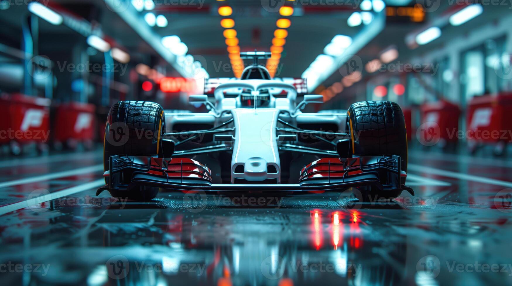 Front View of a White Formula 1 Car in a Garage with Vibrant Lighting photo
