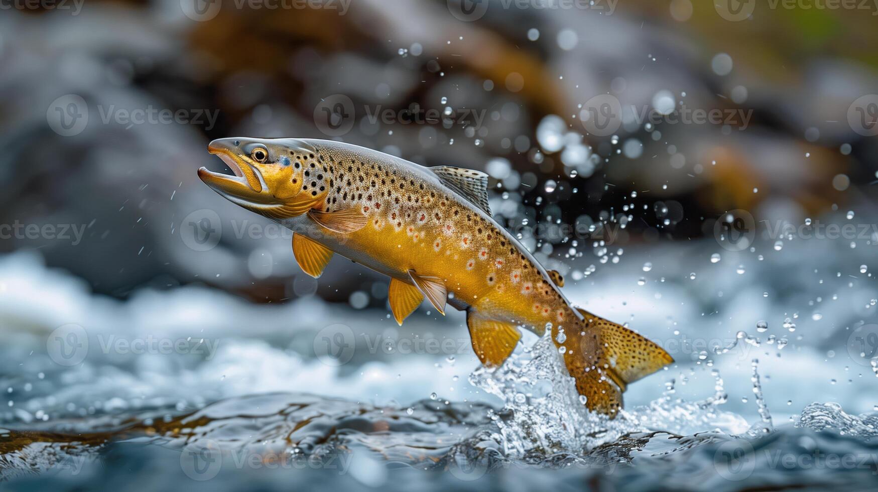 Wild Trout Jumping Out of Water in an Alpine Stream Captured in Mid-Air photo