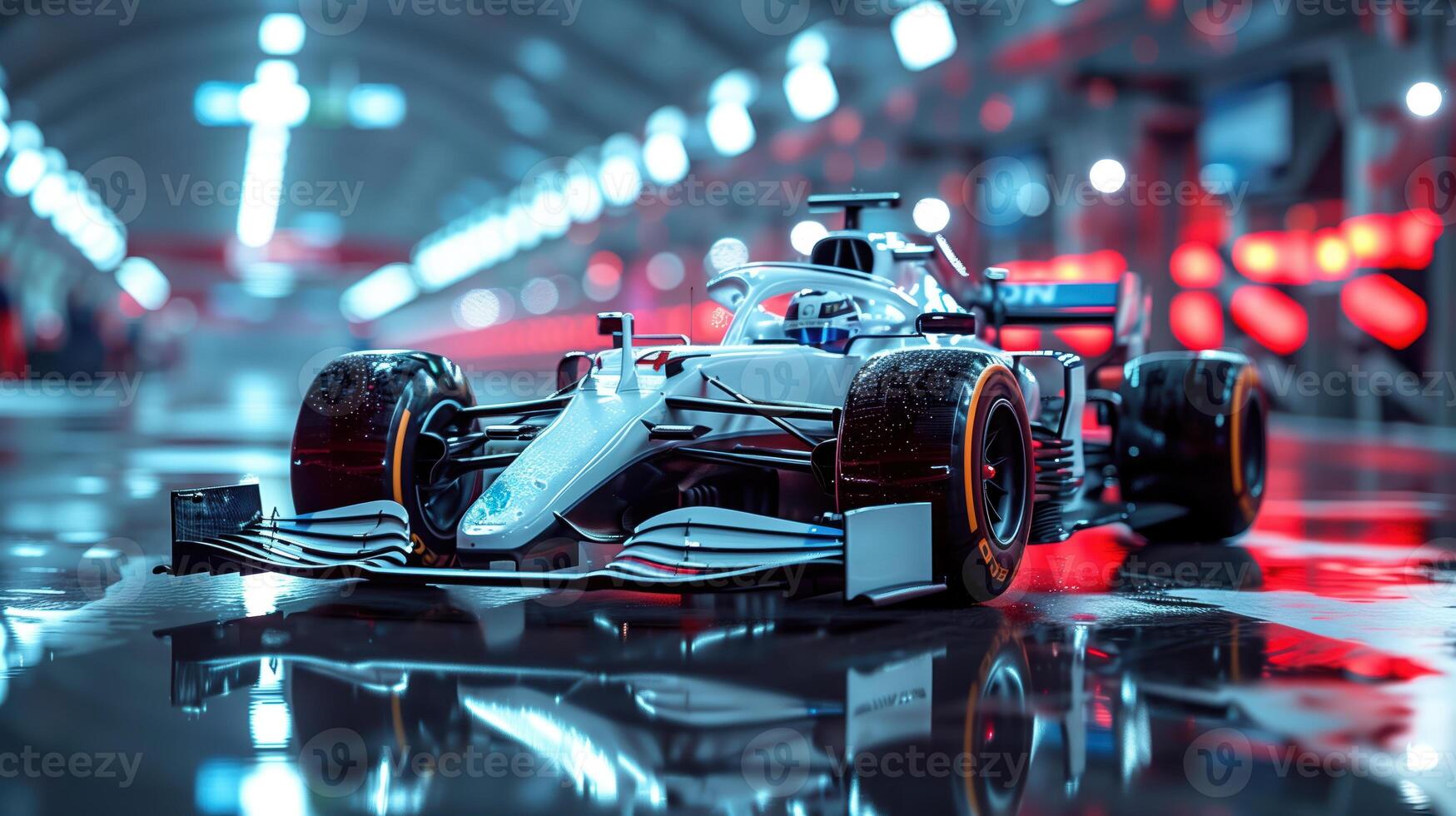 White Formula 1 Car in High-Tech Garage - Front View with Reflections photo