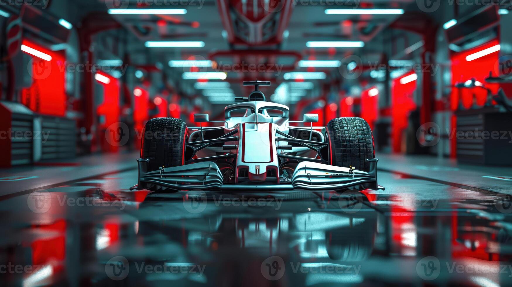 White Formula 1 Car in Garage Front View - High-Performance Racing Vehicle in Modern Workshop photo