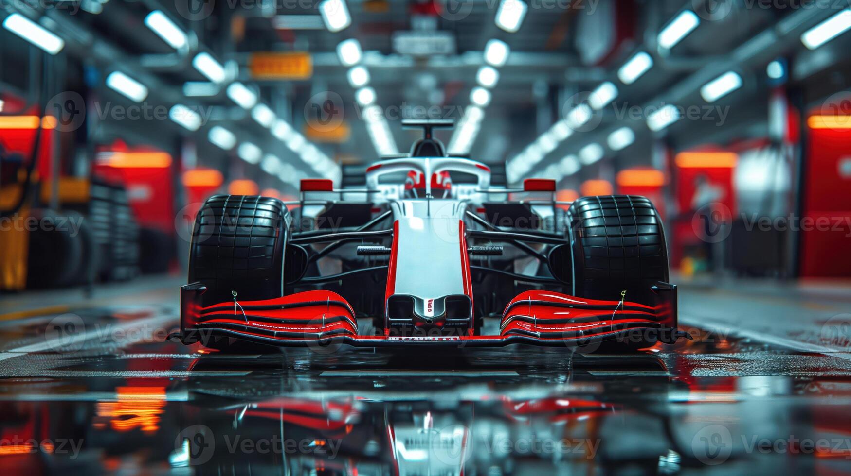 Front View of a Sleek White Formula 1 Car in a Modern Garage Setting photo