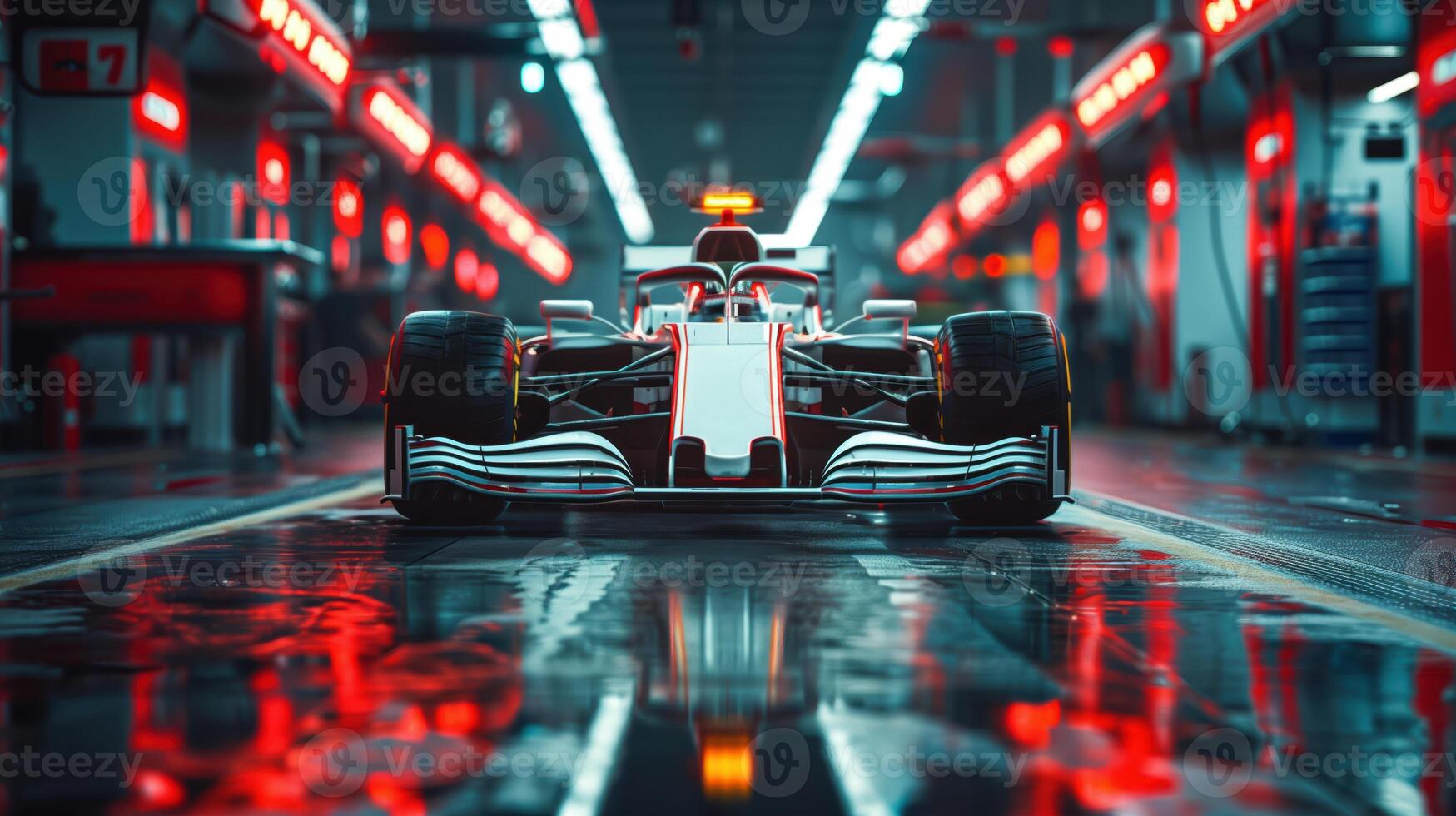 White Formula 1 Car in a High-Tech Garage with Red Lights and Reflections photo