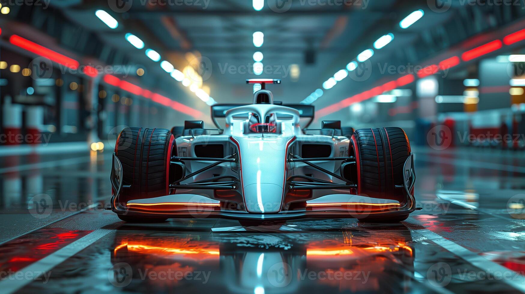 White Formula 1 Car in Garage with Sleek Design, Front View photo