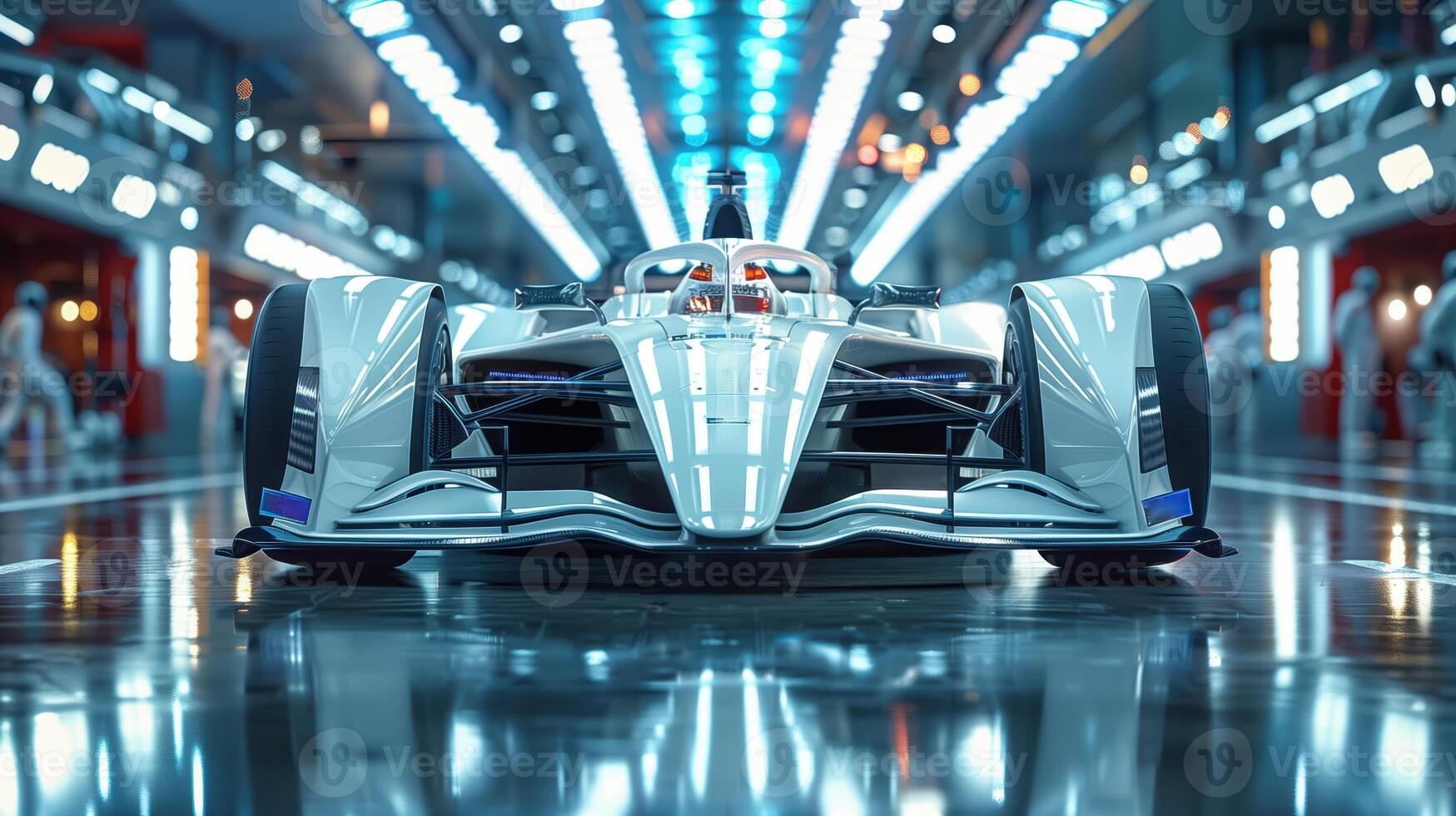 Front View of a Sleek White Formula 1 Car in a High-Tech Garage photo