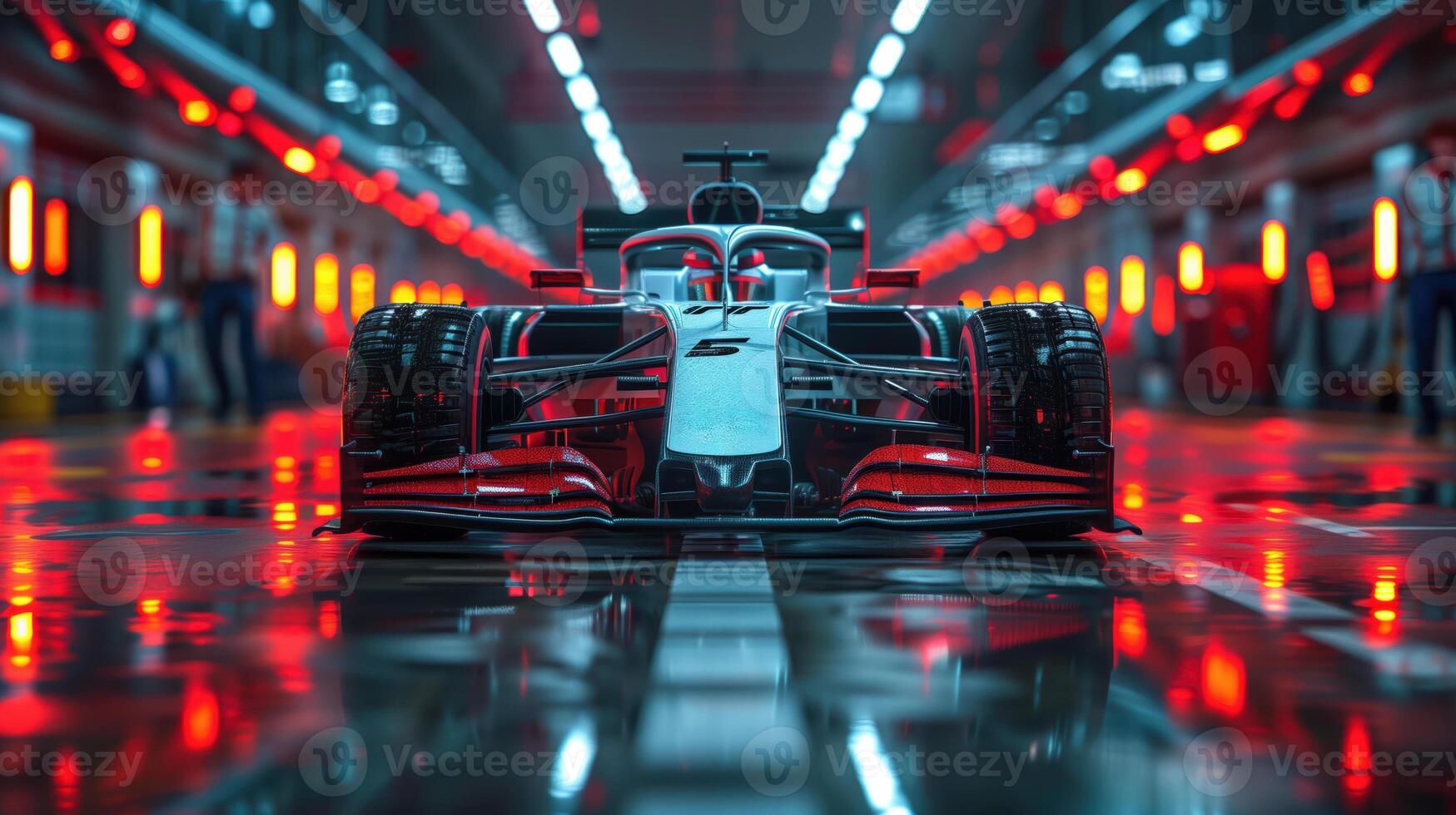 White Formula 1 Car in Illuminated Garage - Front View with Reflections photo