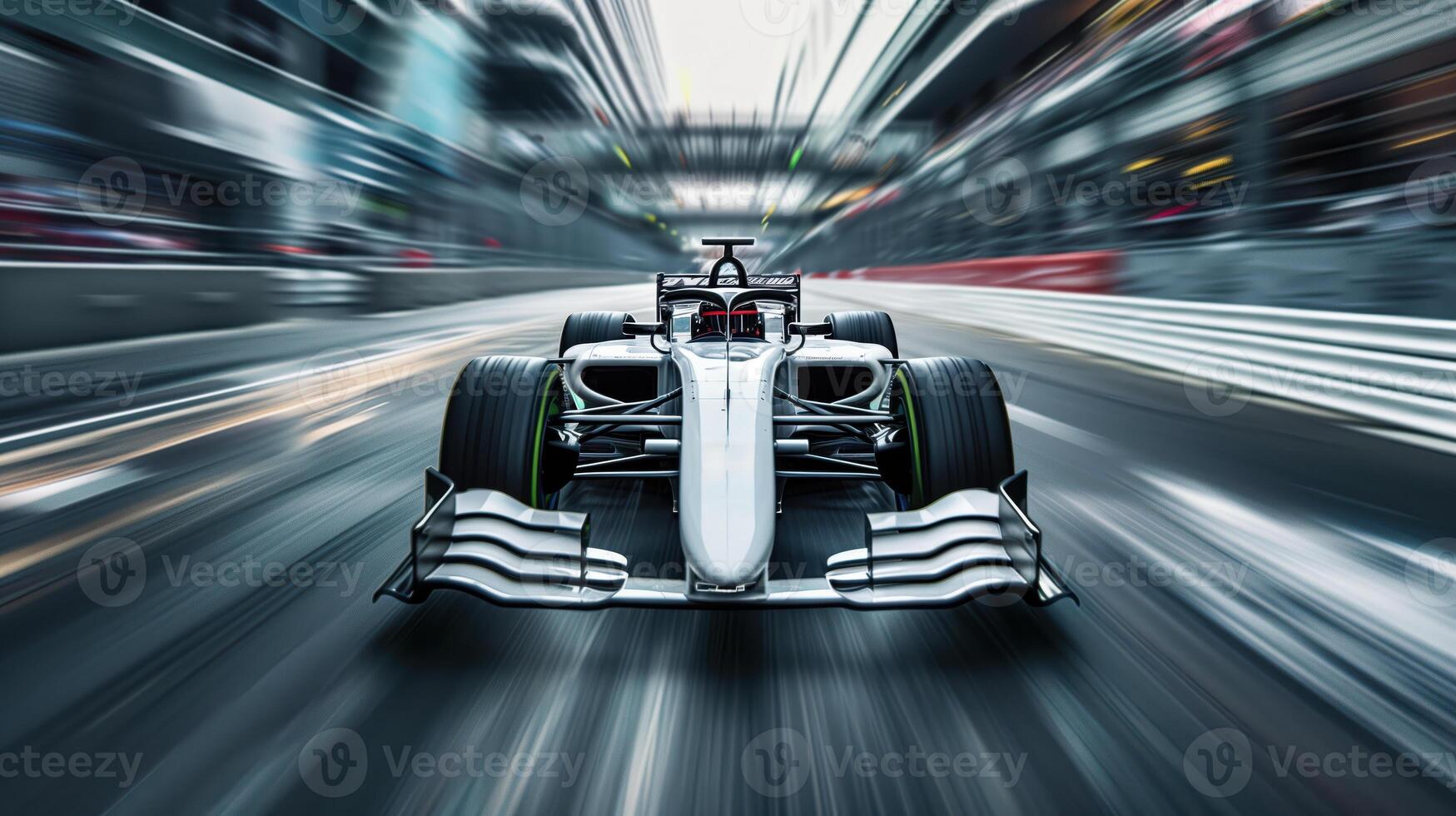 White Formula 1 Car in Motion on a Racing Track with Speed Blur photo