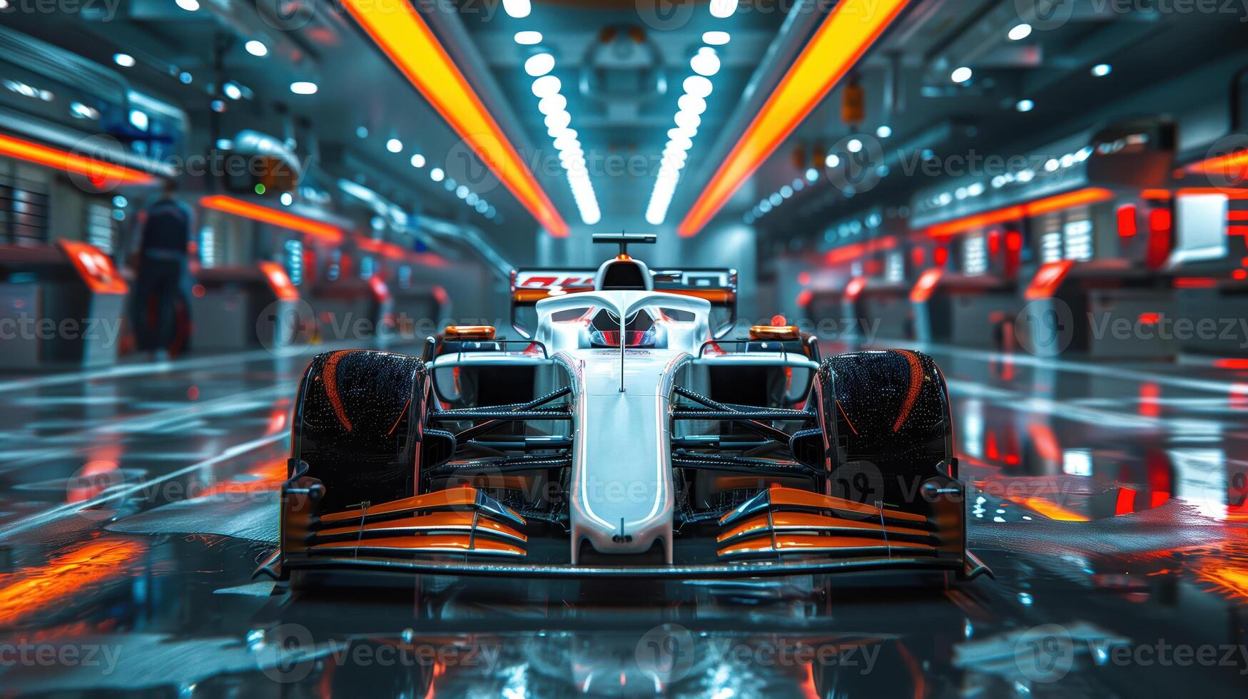 High-Tech White Formula 1 Car in Modern Garage, Front View photo